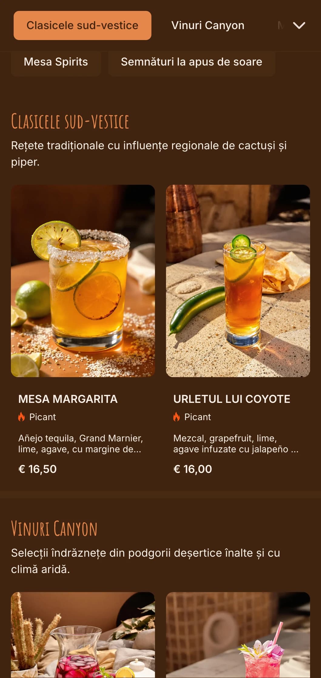 Design portocaliu și auriu strălucitor inspirat de apusurile de soare din deșert pentru barurile din sud-vest.