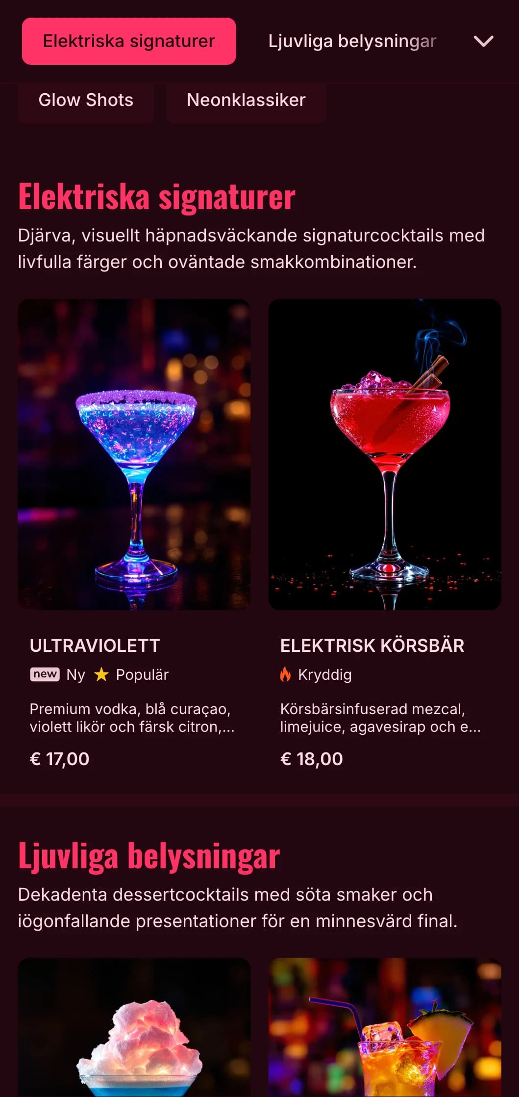 En djärv, livfull menydesign inspirerad av neonfärgat nattliv, perfekt för moderna cocktailbarer och nattklubbar.