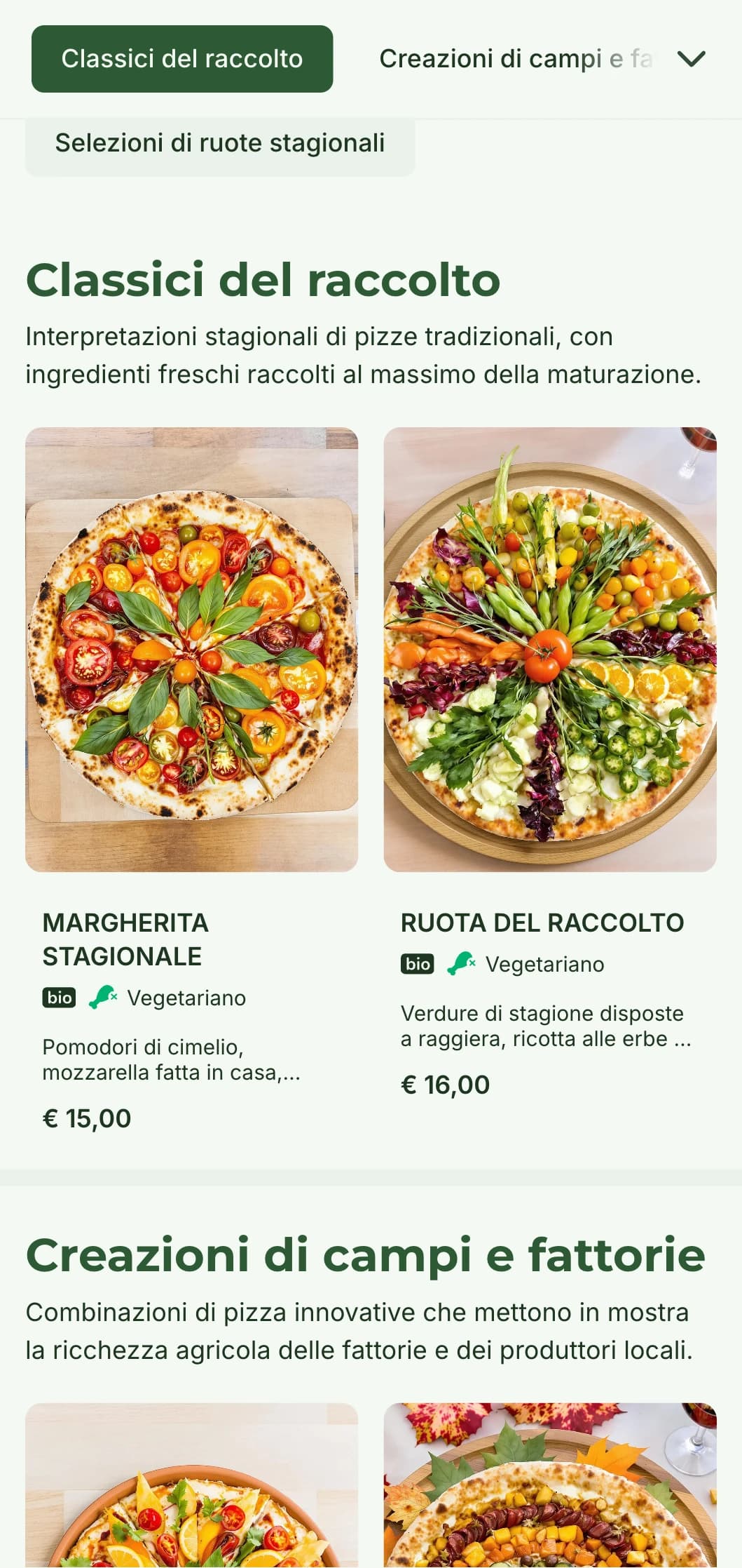 Menu di pizza "Farm-to-table" che celebra gli ingredienti di stagione e la preparazione rustica.