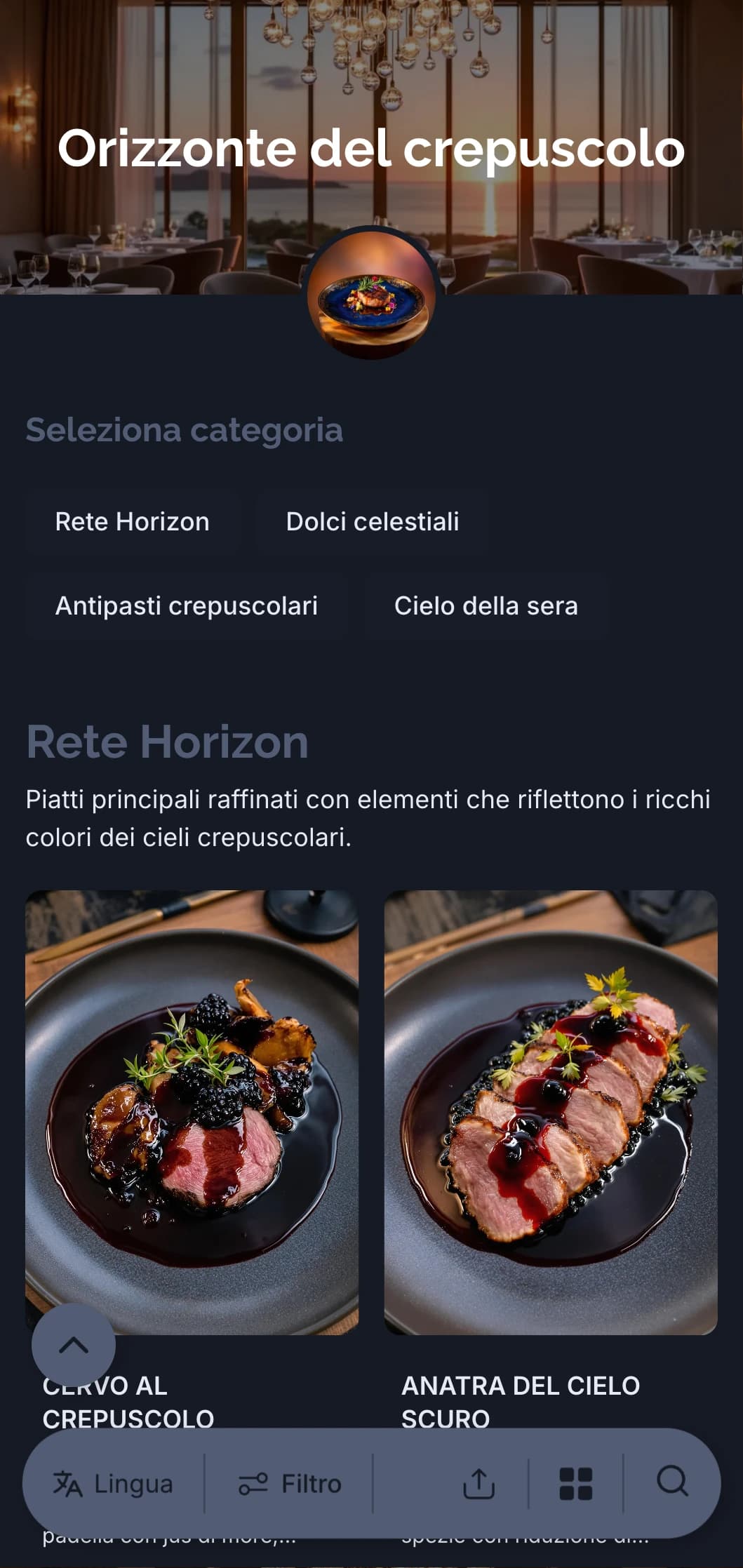 Raffinato concetto di ristorazione serale ispirato ai colori sofisticati del crepuscolo e dei cieli crepuscolari.