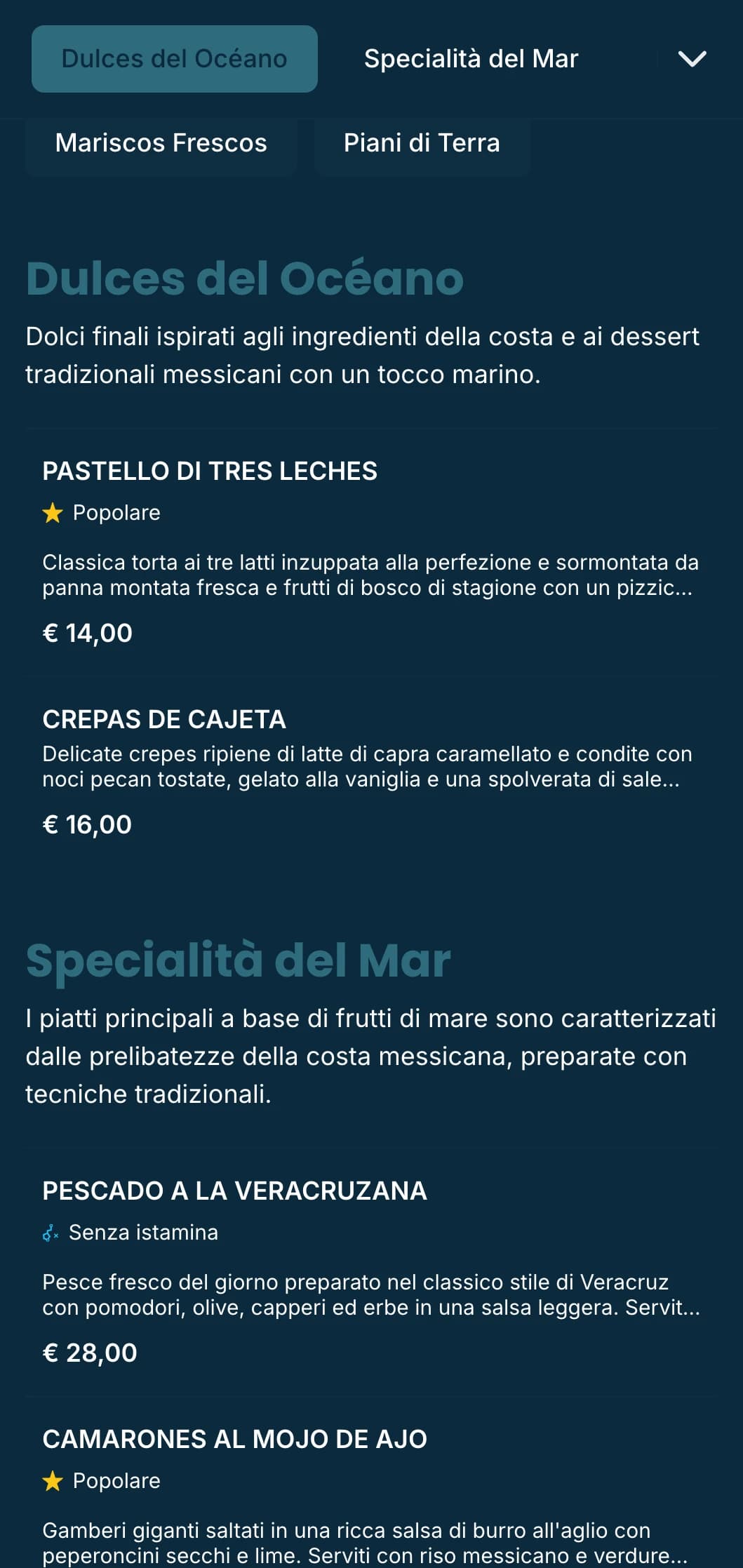 Menu messicano costiero, fresco e ventilato, con specialità di pesce, accenti azzurri, sottili motivi di onde e un'atmosfera da spiaggia.