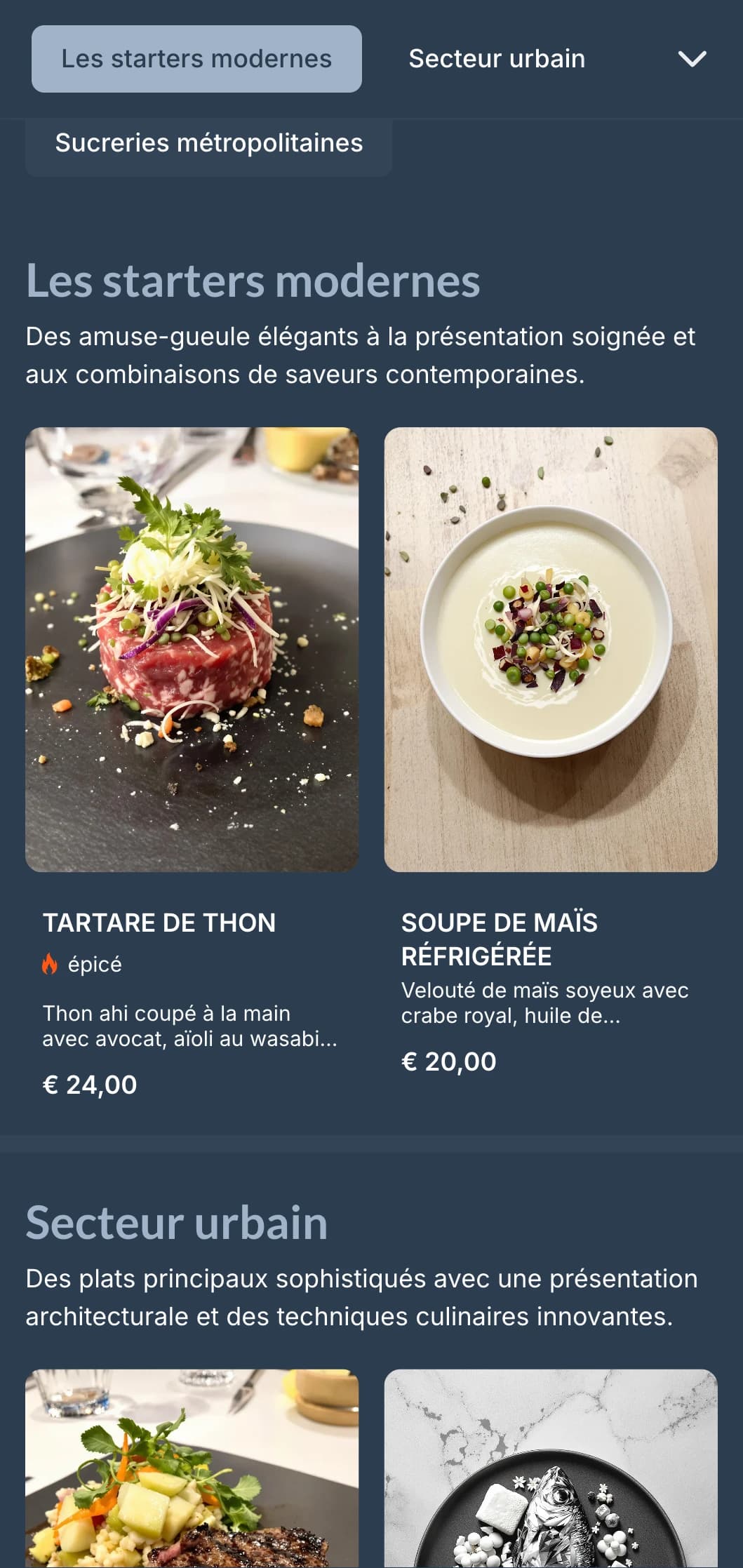Un menu contemporain avec des tons ardoisés et un design géométrique épuré, parfait pour les restaurants urbains modernes.
