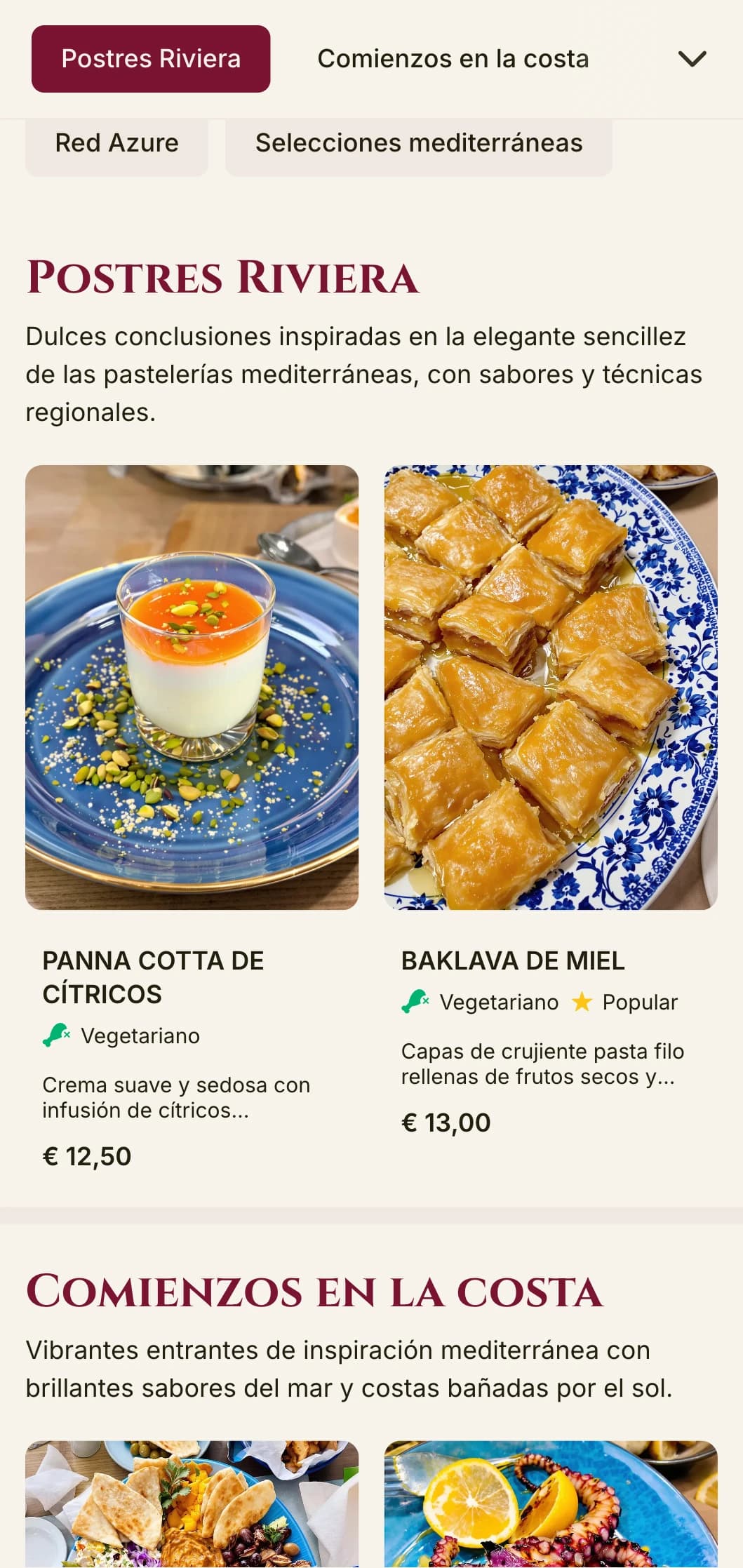 Llamativo diseño de menú de mediodía de inspiración mediterránea con acentos vibrantes y elegante diseño, perfecto para restaurantes de lujo junto al mar y destinos vacacionales.