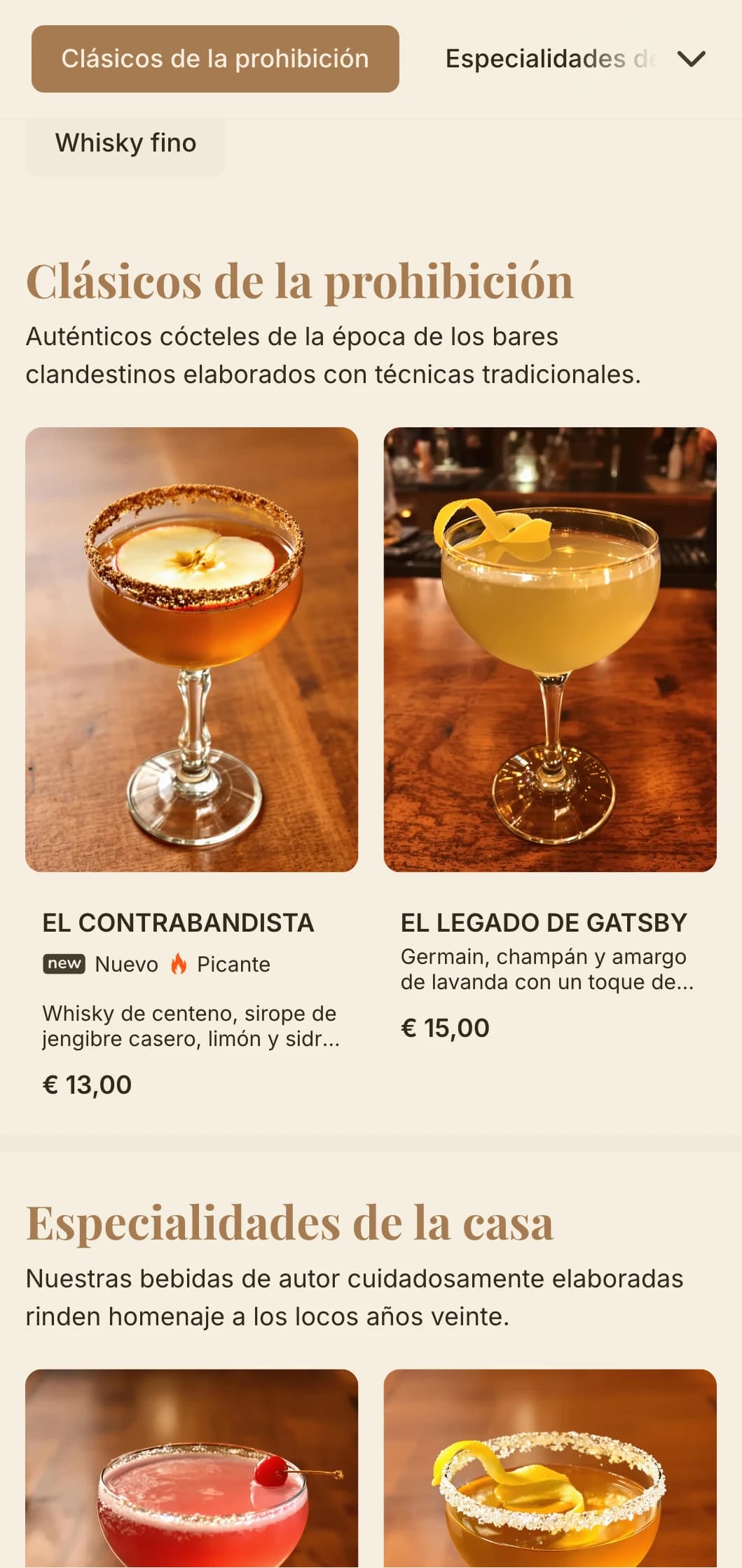 Diseño clásico inspirado en la época de la prohibición con cálidos tonos marrones y elegante tipografía.