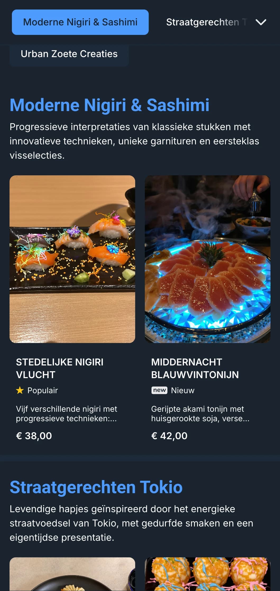 Gedurfd, eigentijds sushi-menu met dramatische, op de nacht geïnspireerde esthetiek, met levendige blauwe accenten tegen diep houtskool achtergronden.