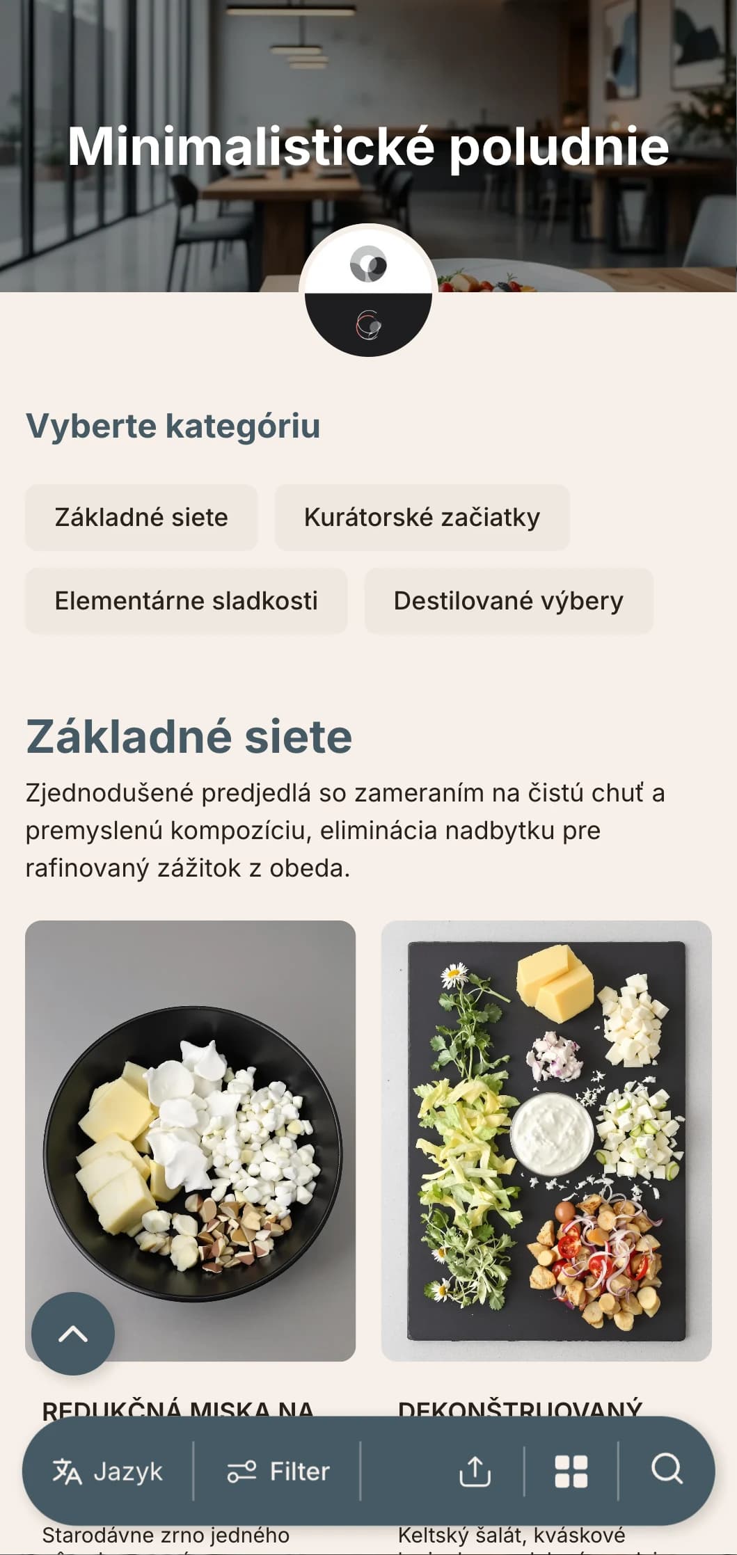 Mimoriadne čistý, minimalistický dizajn obedového menu s veľkým množstvom bieleho priestoru a precíznou typografiou, vhodný pre moderné mestské reštaurácie s dizajnovým prístupom.