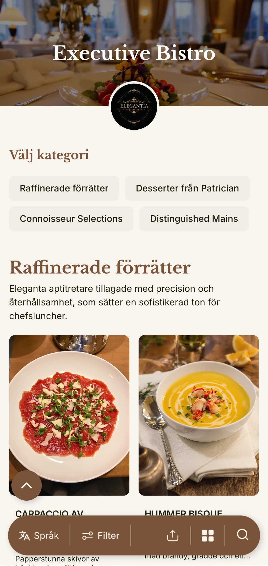 Sofistikerad lunchmenydesign med raffinerad typografi och elegant avstånd, skräddarsydd för exklusiva hotellrestauranger och matsalar som serverar affärsmän.