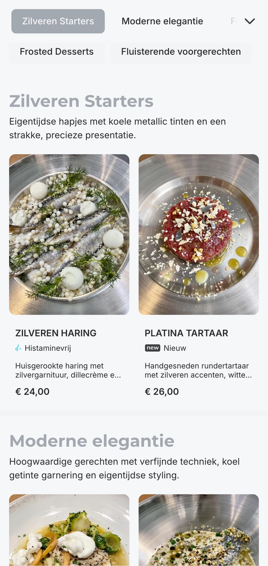 Geraffineerd modern concept met koele zilveren tinten en subtiele luxe-elementen voor een ingetogen elegante ervaring.