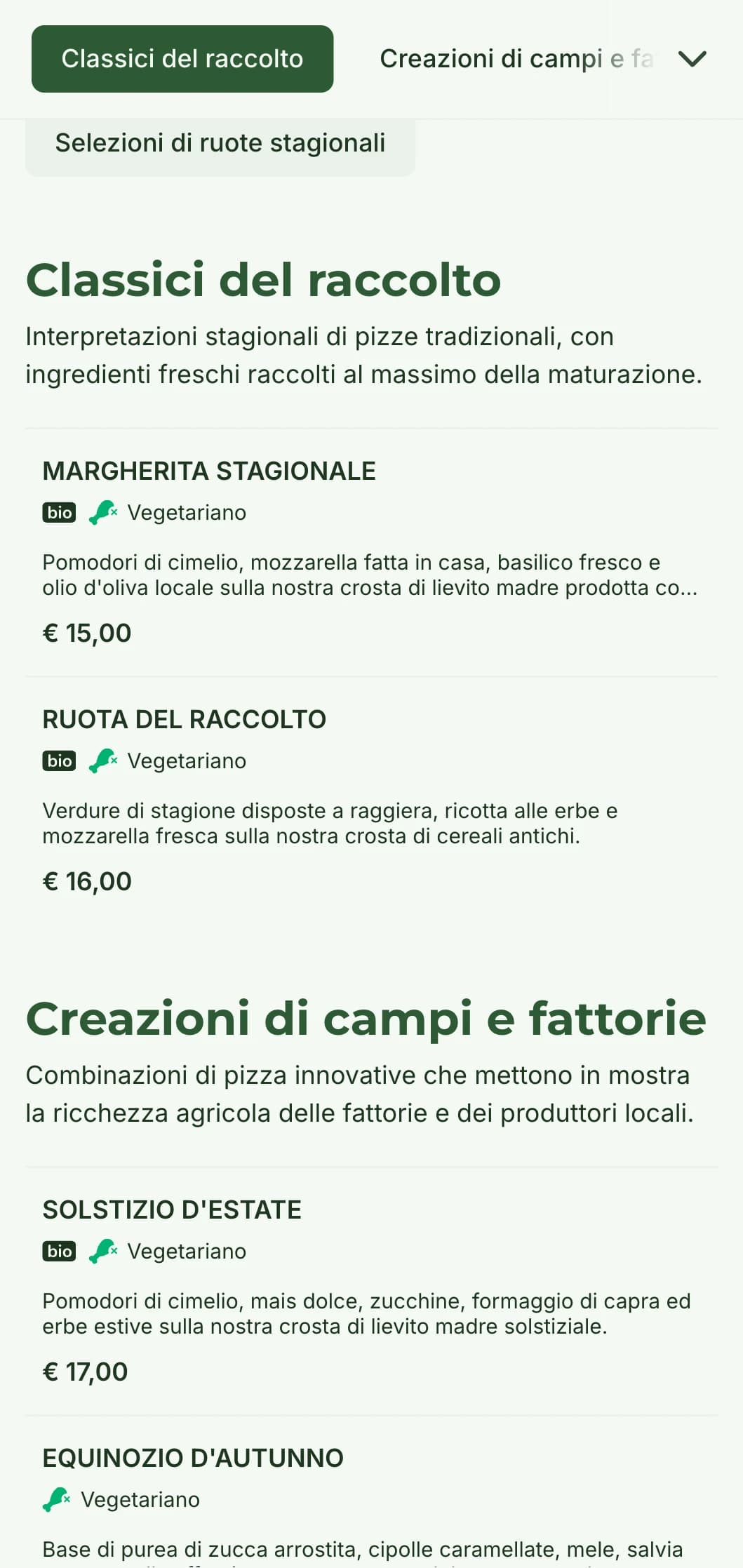 Menu di pizza "Farm-to-table" che celebra gli ingredienti di stagione e la preparazione rustica.