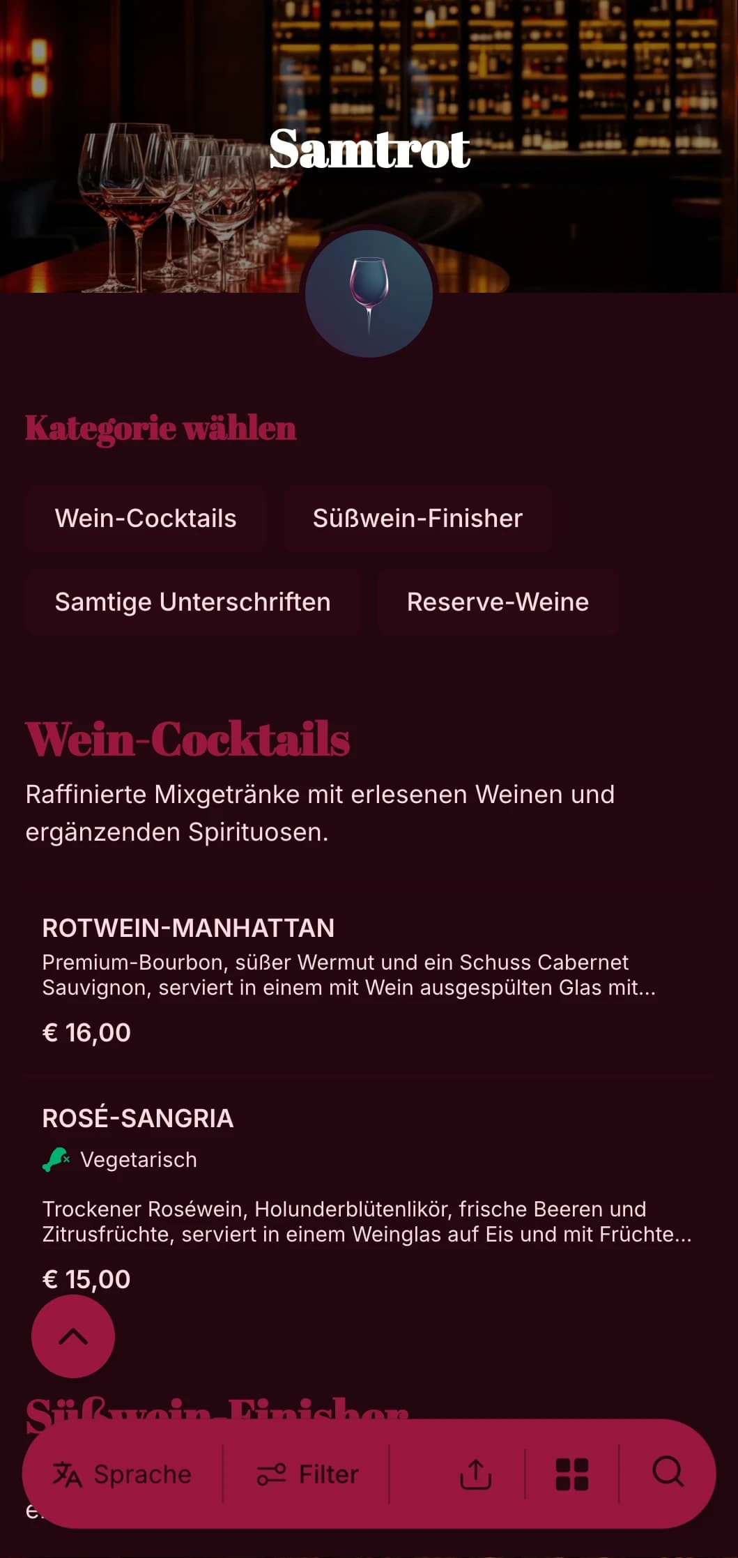 Ein luxuriöses, dramatisches Design für gehobene Weinbars und Lounges mit satten Rottönen und kräftiger Typografie.