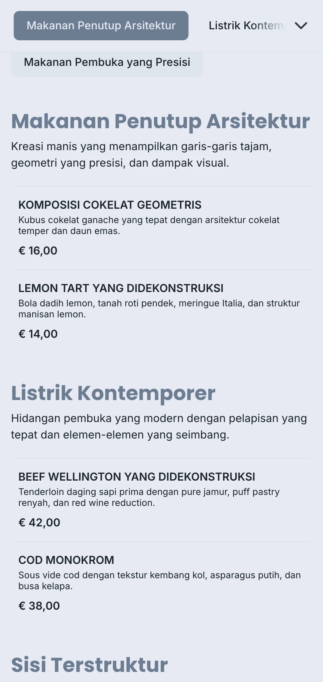 Desain katering yang bersih dan terstruktur dengan pelapisan geometris, porsi yang tepat, dan skema warna monokromatik untuk acara kontemporer.