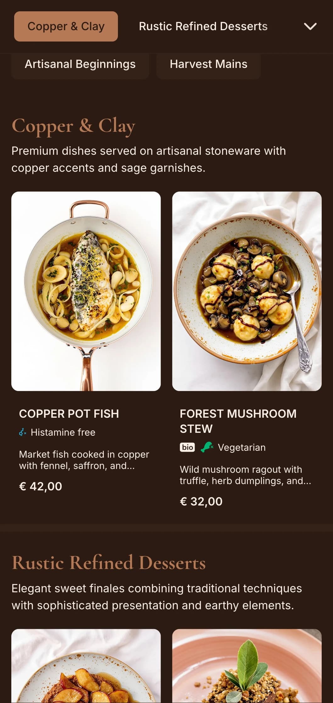 Refined rustic elegance featuring warm copper tones and sage accents, perfect for sophisticated farm-to-table and seasonal fine dining.