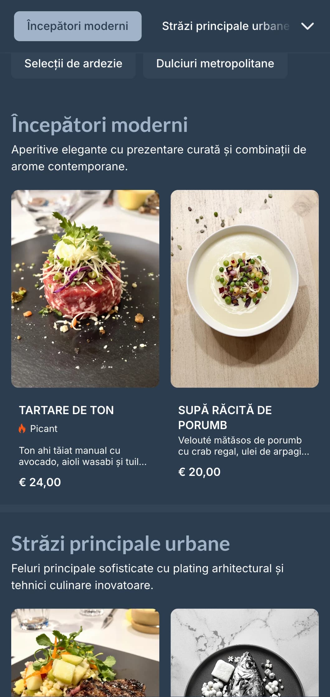 Un meniu de cină contemporan cu tonuri reci de ardezie și design geometric curat, perfect pentru restaurantele urbane moderne.