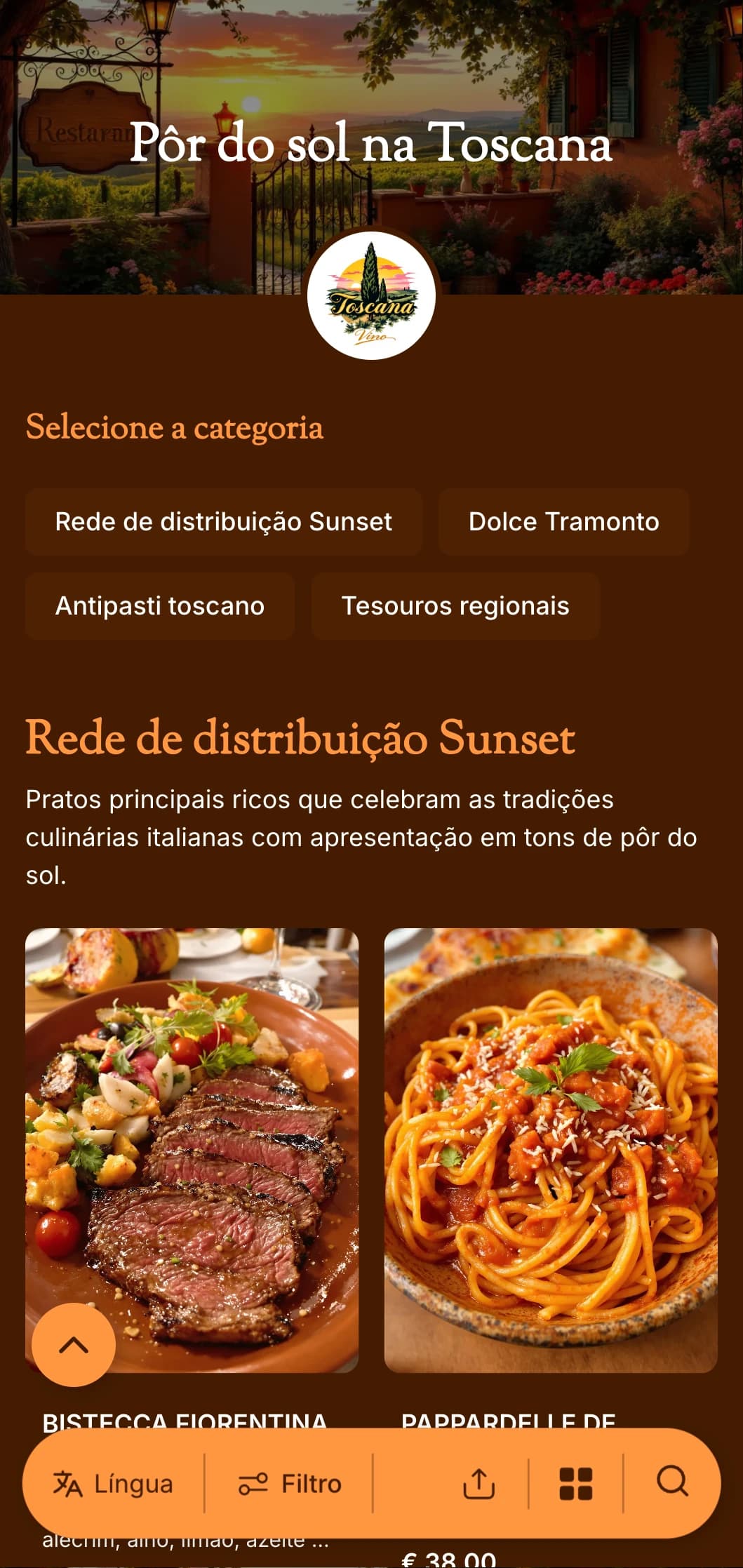 Um menu de jantar acolhedor, inspirado na Toscana, com tons de terracota e elementos de design italiano, perfeito para restaurantes italianos autênticos.