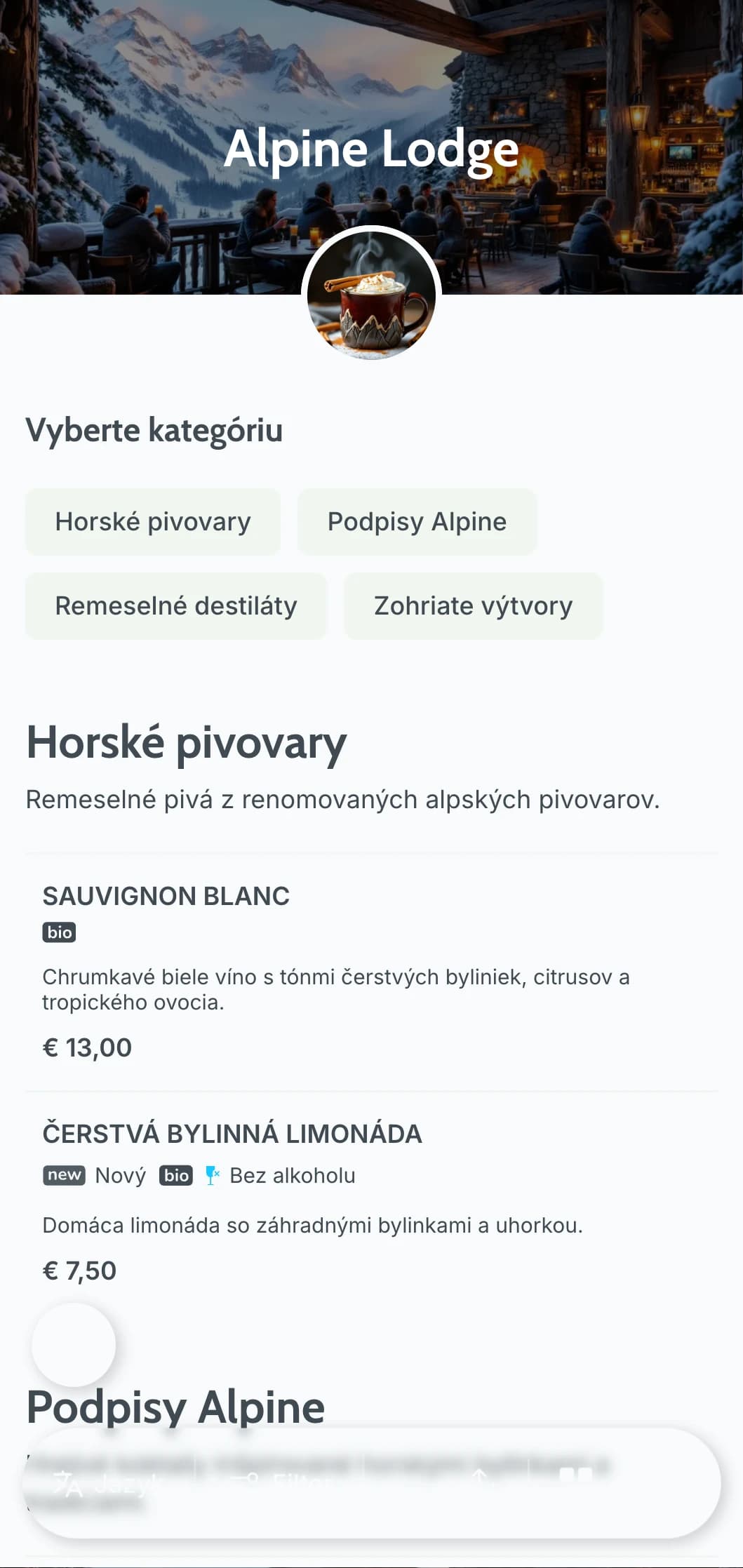 Chladný sivomodrý dizajn inšpirovaný horským útočiskom pre apres-ski bary.