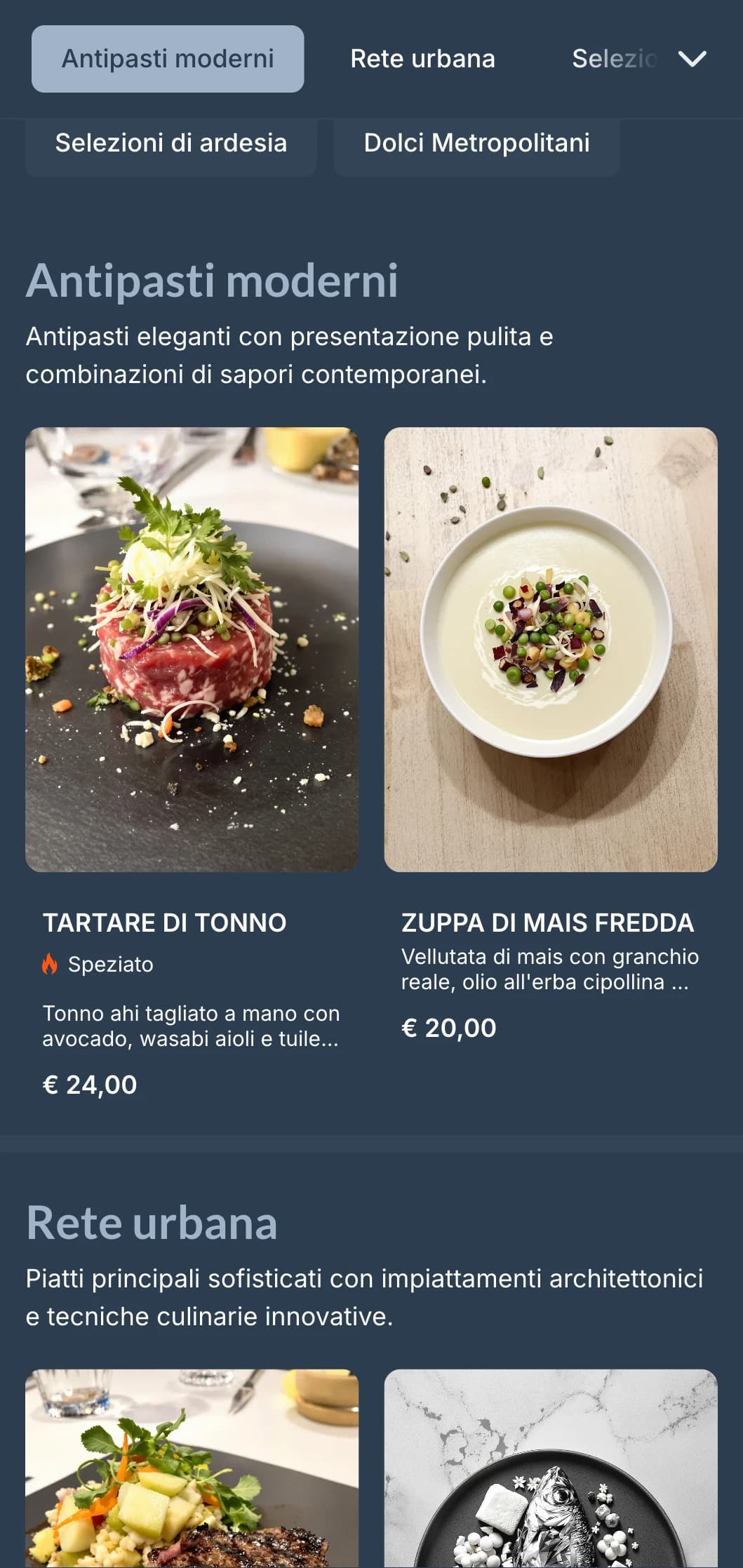 Un menu contemporaneo con toni freddi dell'ardesia e un design geometrico pulito, perfetto per i moderni ristoranti urbani.