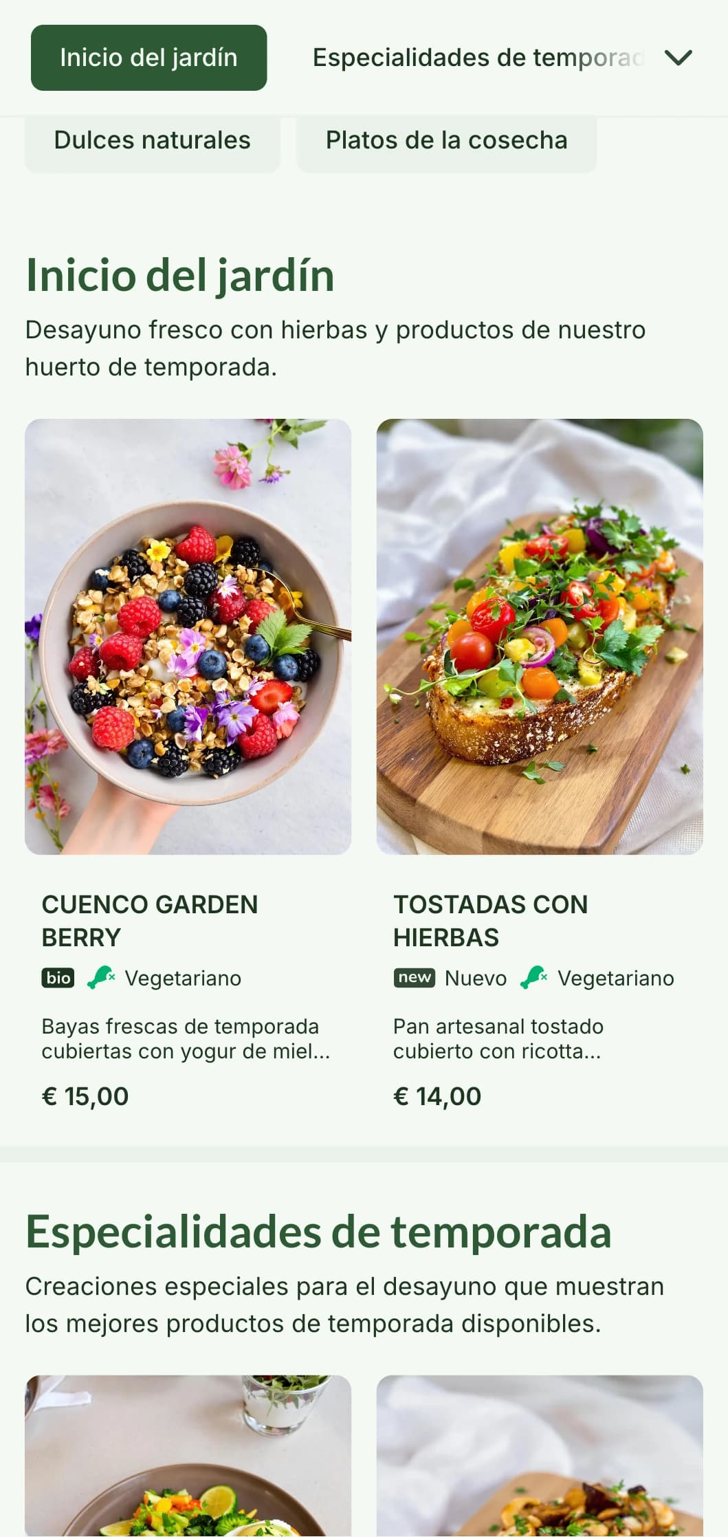 Desayunos inspirados en la naturaleza con productos de temporada e ingredientes ecológicos en una presentación refrescante.
