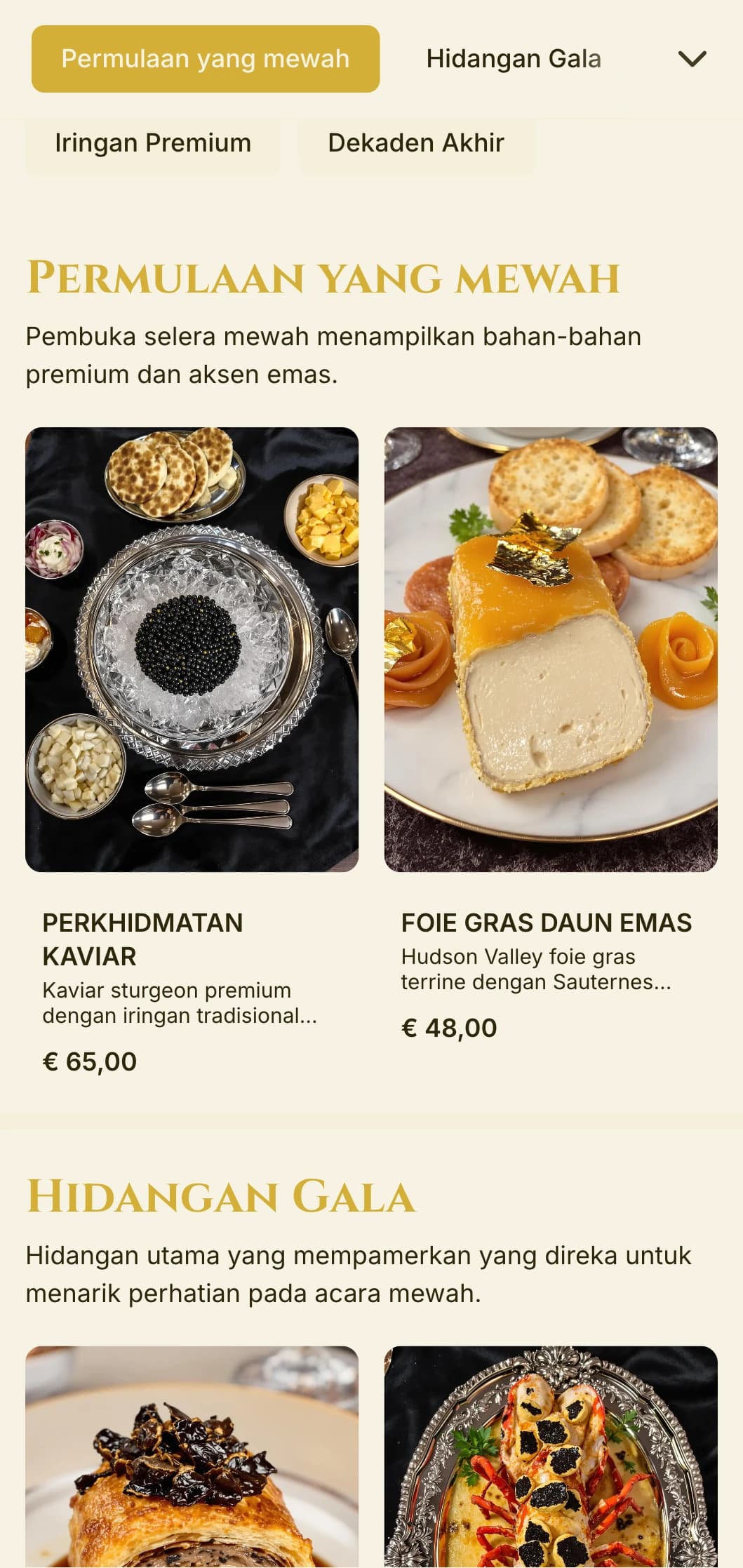 Perkhidmatan katering mewah dengan bahan-bahan premium, aksen emas dan persembahan mewah untuk acara gala mewah dan mewah.