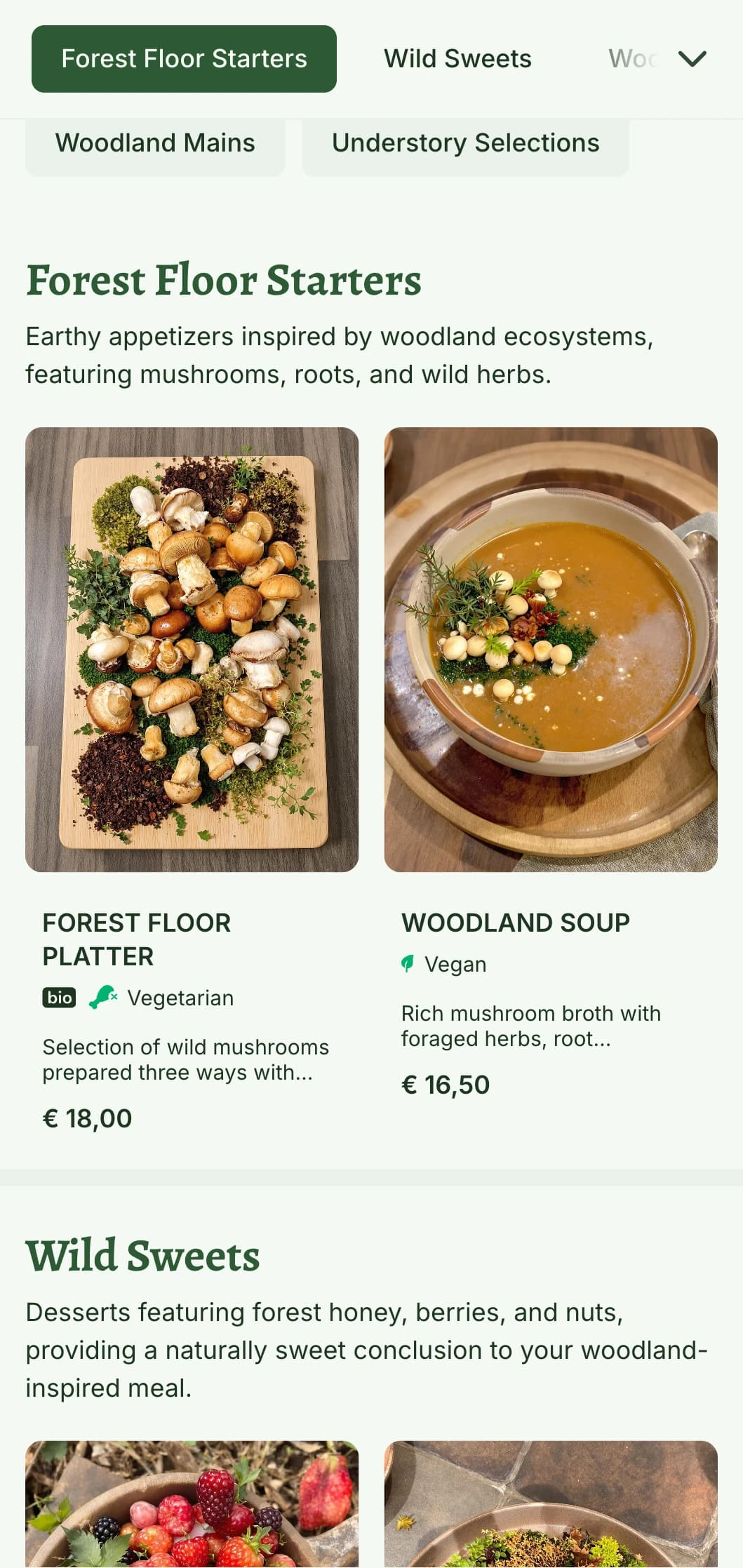 Mystical, forest-inspired lunch menu design with woodland elements and natural textures, ideal for restaurants in wooded settings or with forest themes.