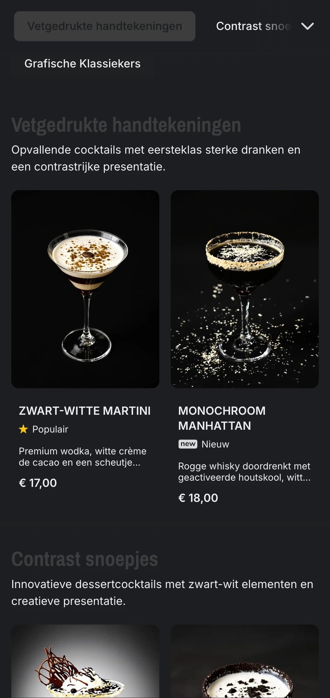 Een strak, zwart-wit ontwerp voor hedendaagse cocktailbars met sterk contrast en minimalistische typografie.