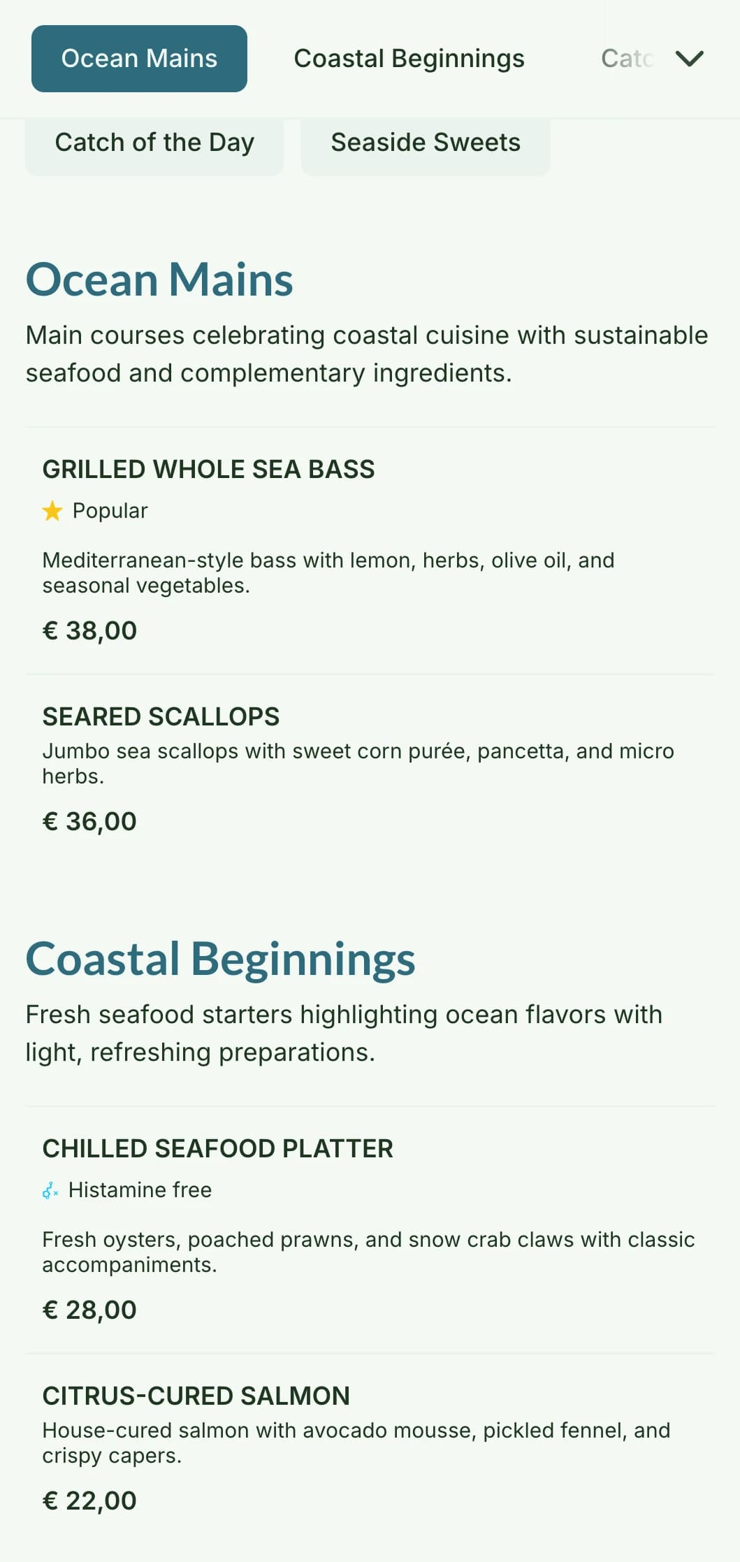 A fresh and airy dinner menu design inspired by coastal living, featuring soft blues and natural textures, perfect for seafood restaurants.