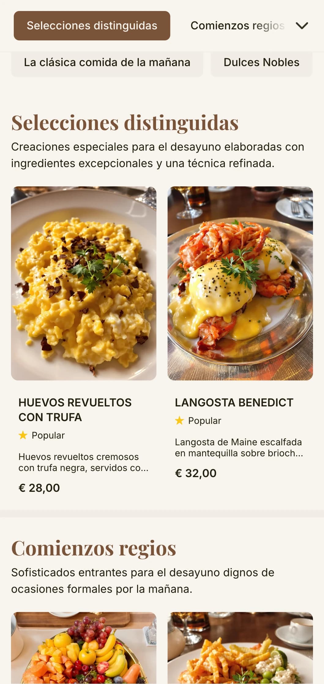 Un desayuno sofisticado con ingredientes de primera calidad y una presentación elegante digna de la realeza.