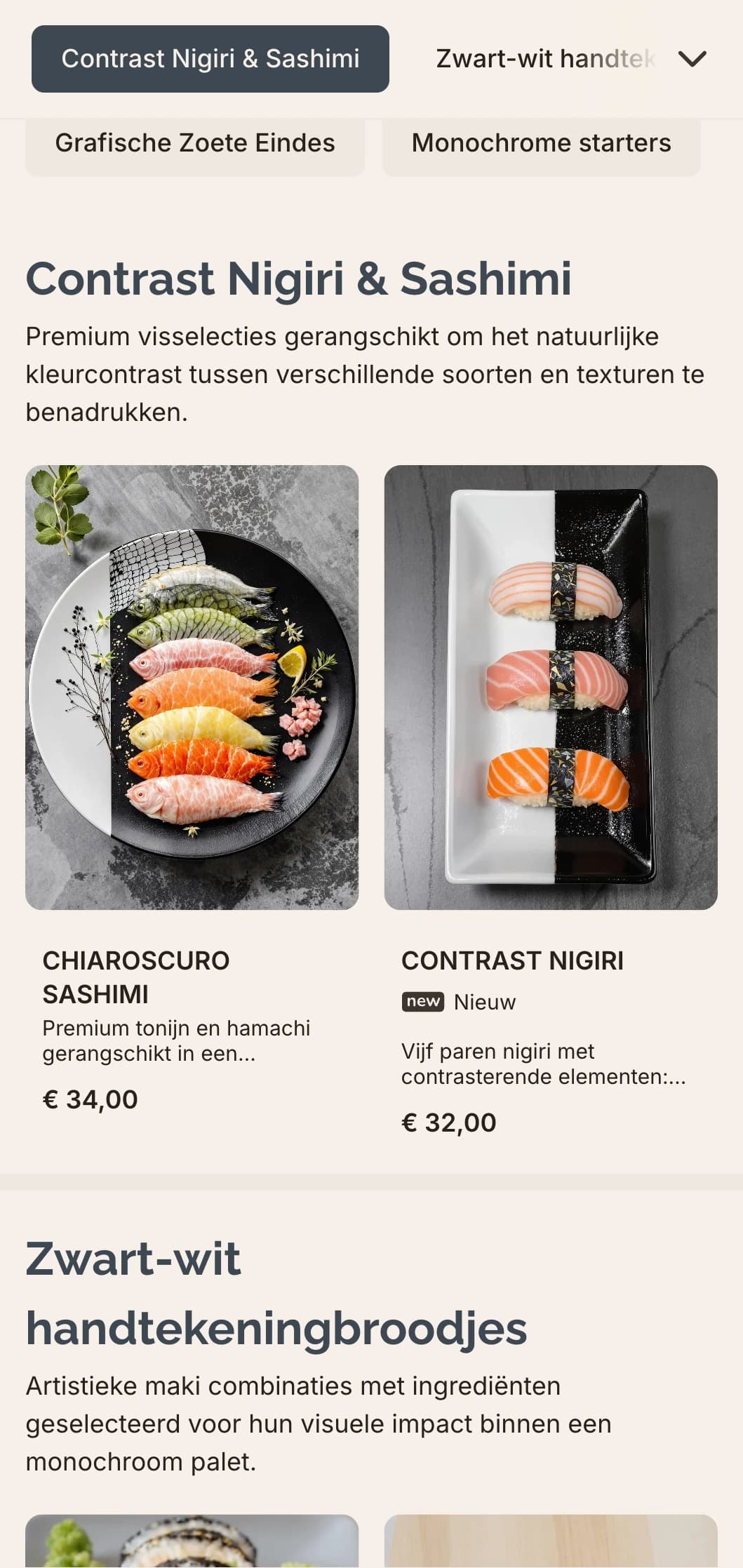 Geraffineerd zwart-wit sushikaart met subtiele grijze accenten, perfect voor eigentijdse minimalistische restaurants.