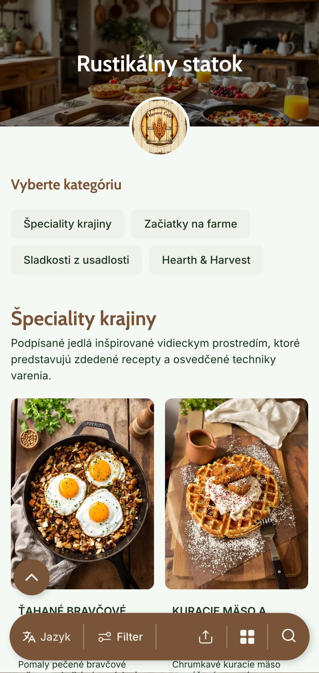 Teplá, rustikálna šablóna na brunch s drevenými textúrami a domácimi prvkami, ideálna pre podniky vo vidieckom štýle a podniky s farmárskymi stolmi.
