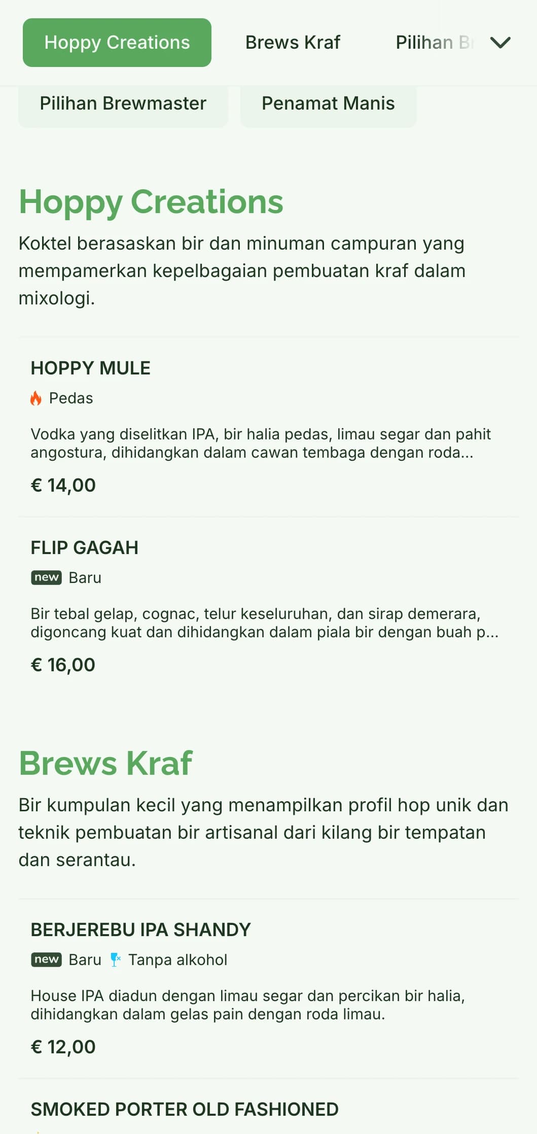 Reka bentuk menu desa namun halus untuk bar bir kraf dan pub bru, menampilkan ton semula jadi dan tekstur berinspirasikan kayu.