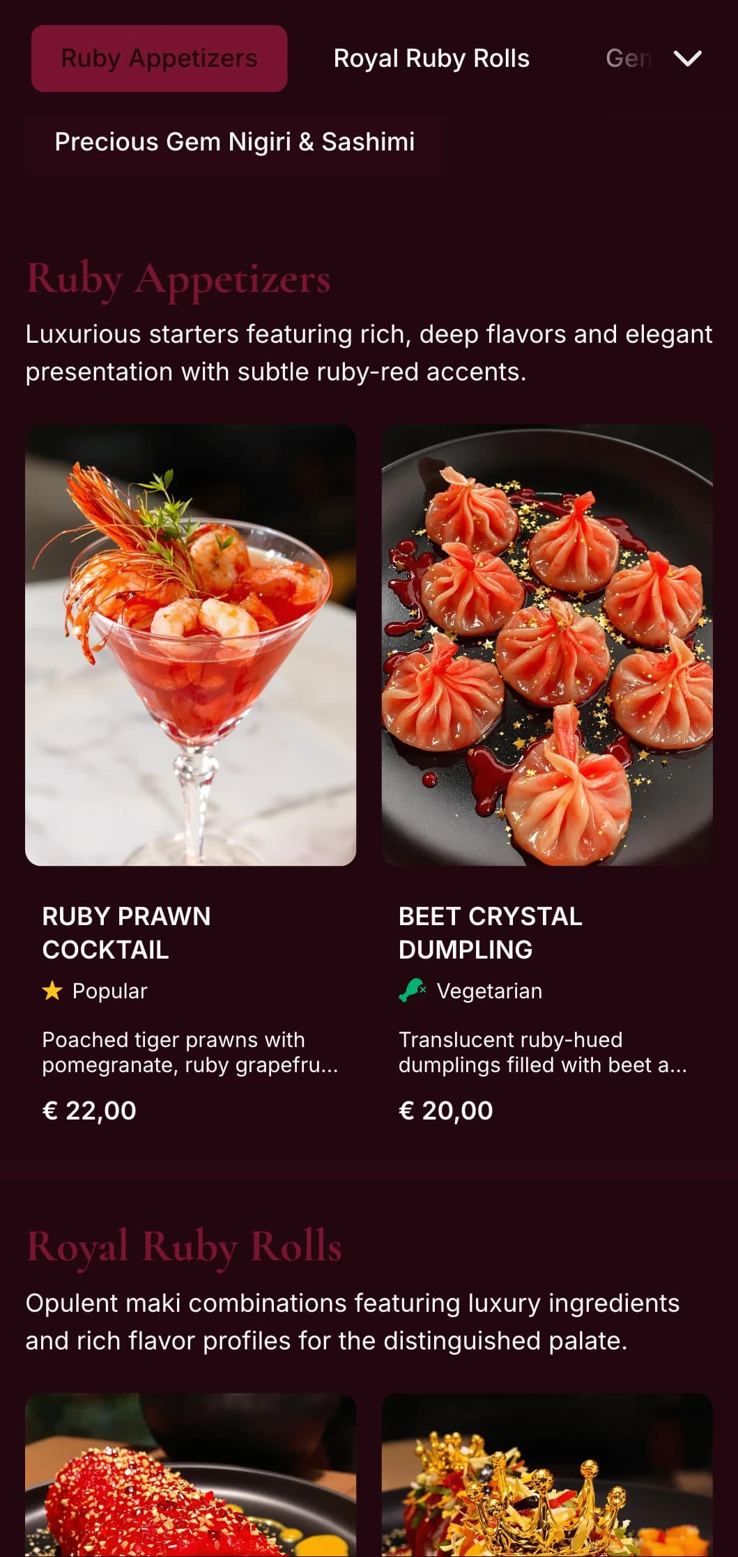 Rich, deep red-inspired sushi menu featuring luxurious ruby tones for premium Asian fusion restaurants.