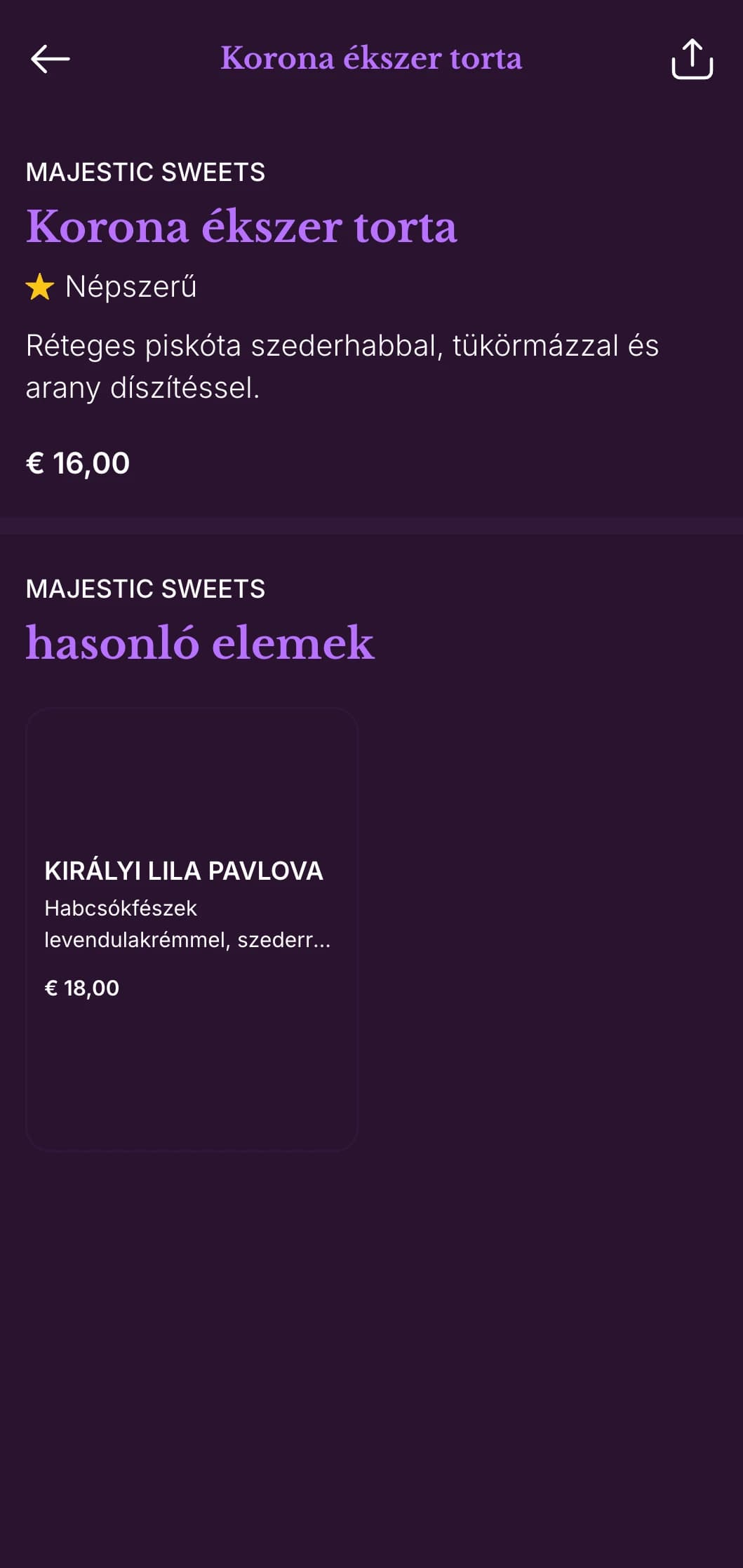 Királyi lila-arany vacsora menü klasszikus dizájnelemekkel, tökéletes a régi világ bájával rendelkező létesítmények számára.