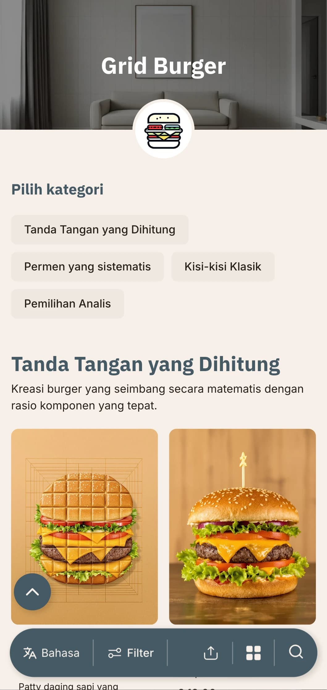 Konsep burger yang presisi secara matematis dengan tata letak kisi-kisi dan penyajian yang sistematis.