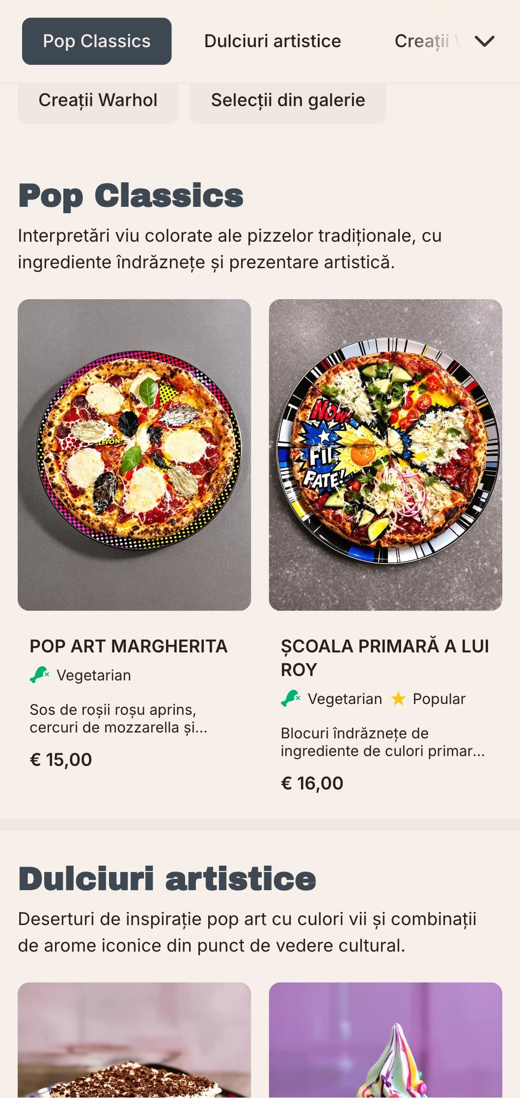 Meniu de pizza inspirat de Andy Warhol, cu elemente pop art și estetică retro-modernă.