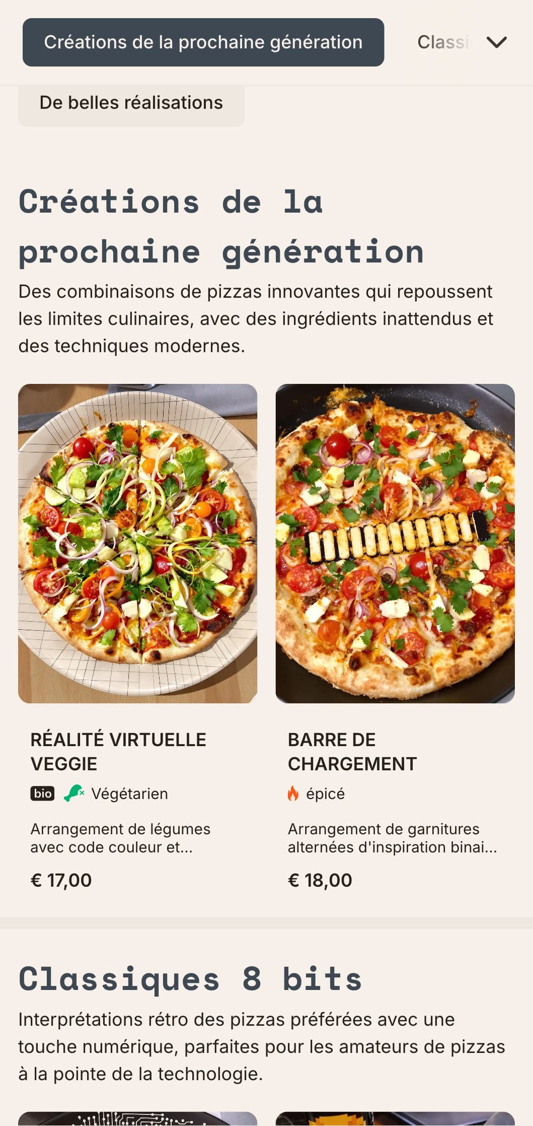 Carte de pizzas moderne inspirée par la technologie, avec une esthétique numérique pour les concepts de pizzas innovants.