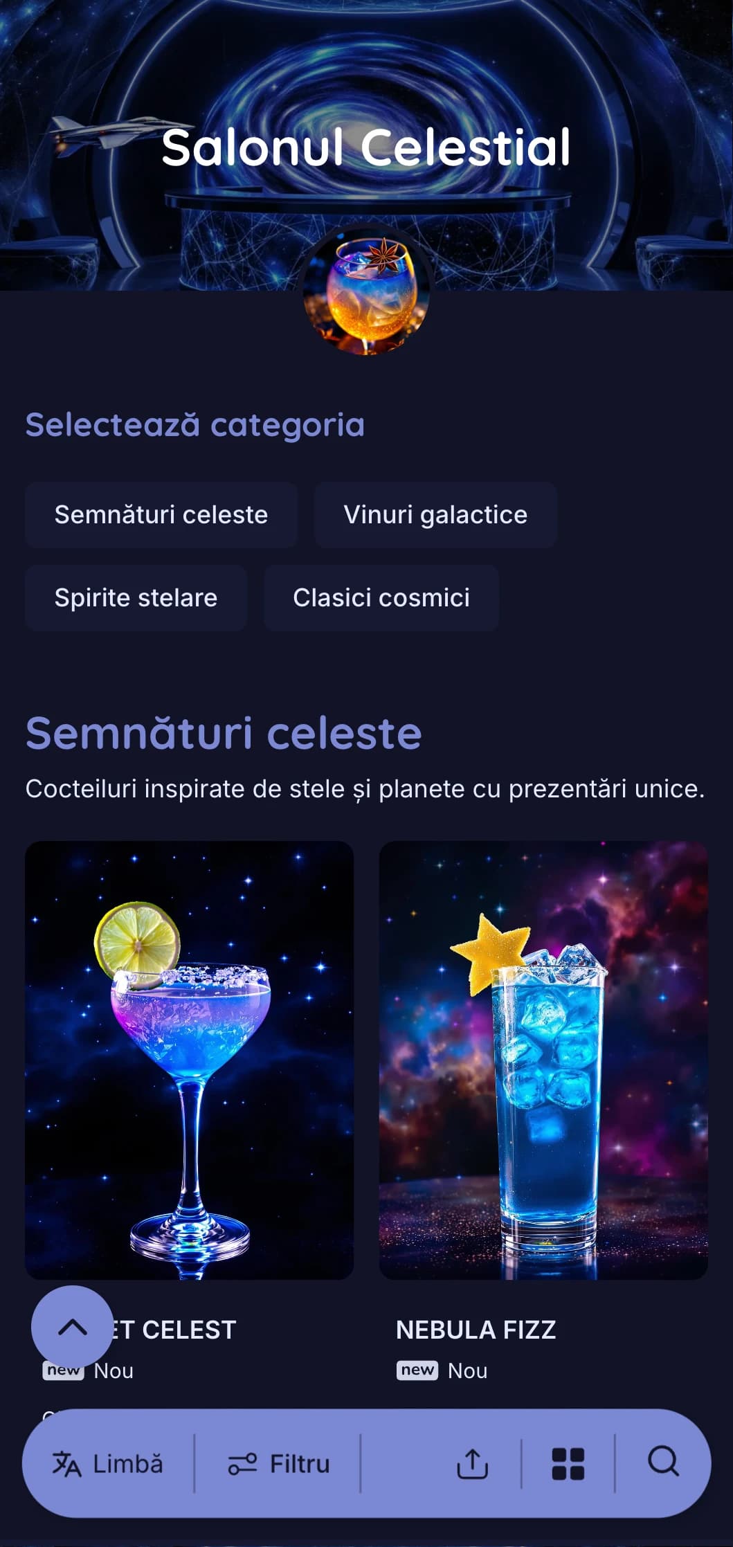 Design albastru de inspirație stelară cu elemente celeste pentru baruri de cocktailuri cu tematică spațială.