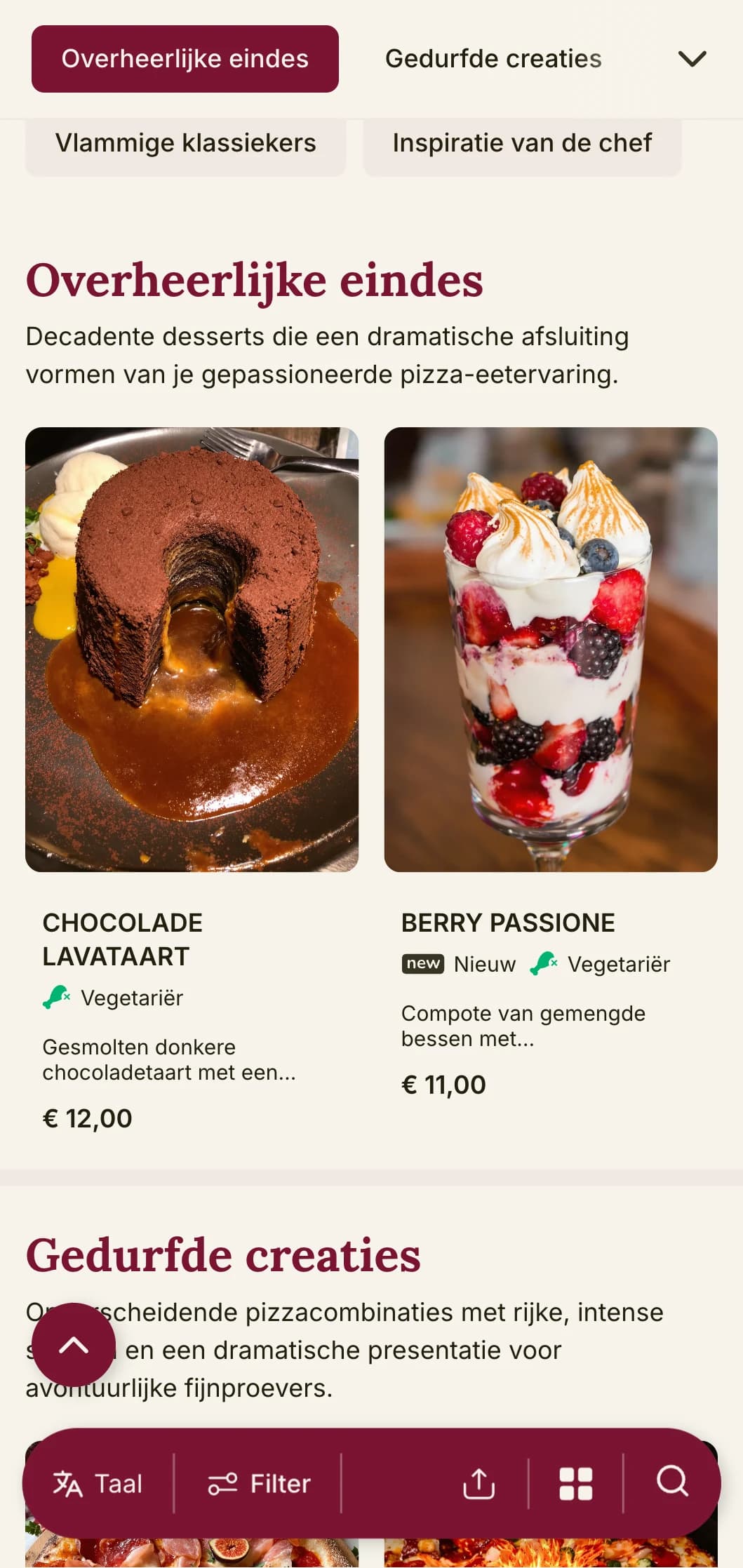 Gedurfd en gepassioneerd pizzakaartontwerp met rijke kleuren en theatrale elementen voor pizzeria's met onderscheidend vermogen.