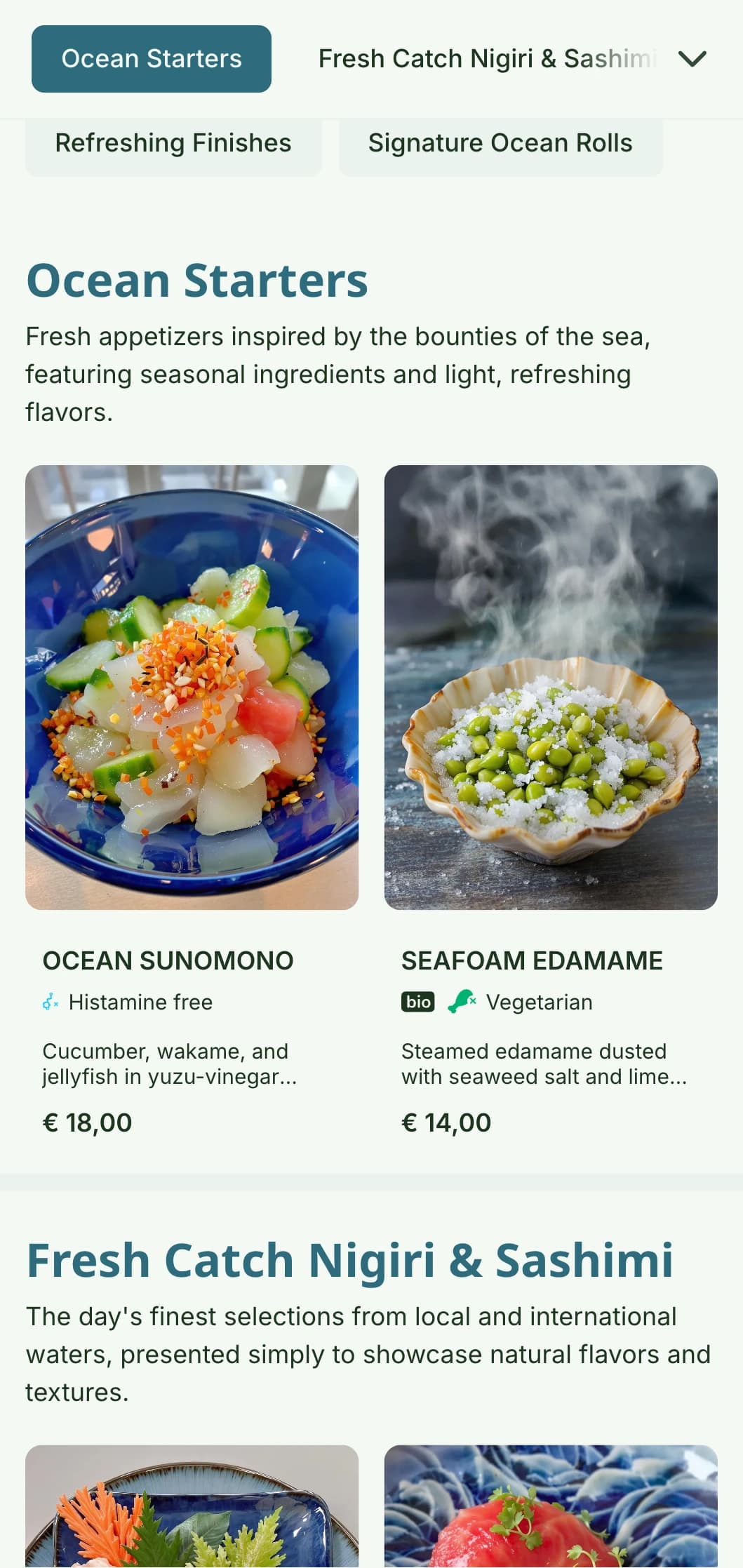 Fresh and vibrant sushi menu design inspired by ocean colors, featuring a calming blue palette ideal for seafood-focused establishments.