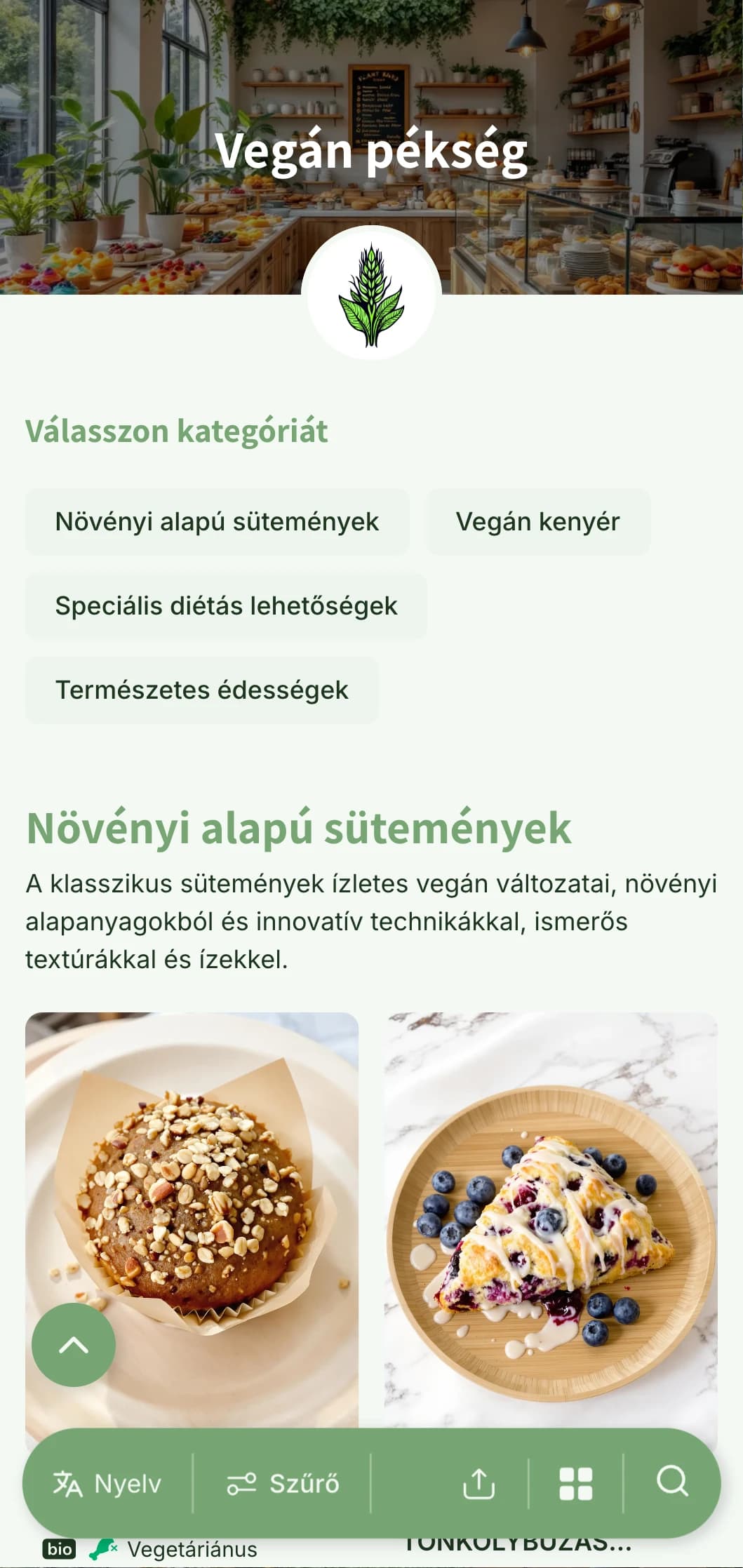 Friss, növényi alapú pékségi menüterv élénk zöld tónusokkal és letisztult tipográfiával, tökéletes vegán pékségek és környezettudatos üzletek számára.