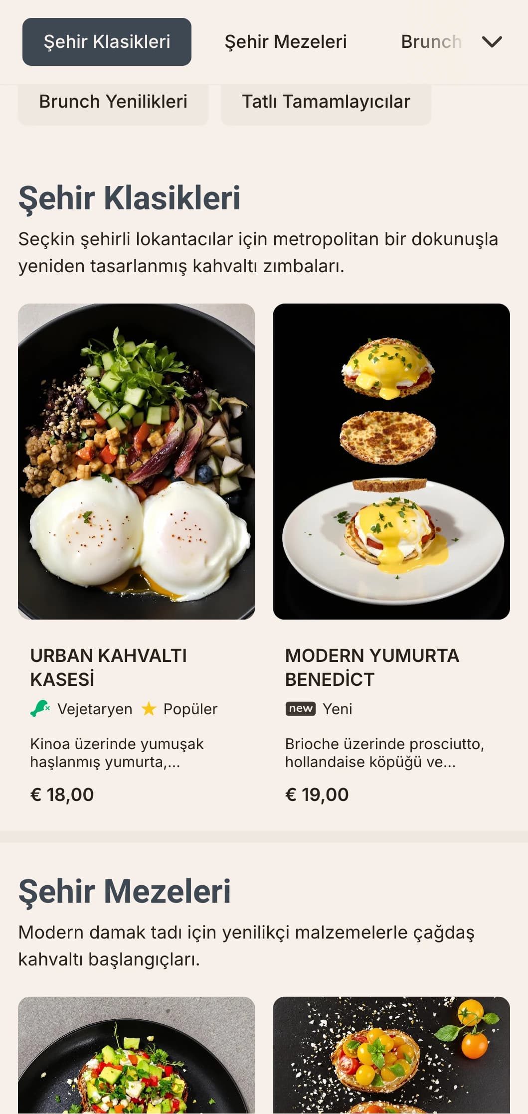 Modern şehirli için minimalist sunum ve yenilikçi lezzet kombinasyonları içeren şık, çağdaş kahvaltı seçenekleri.