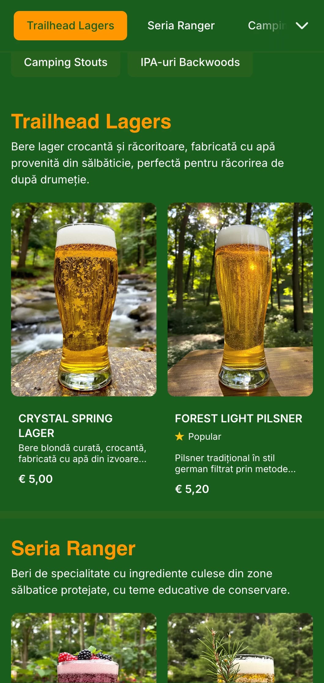 Design natural și pământesc inspirat de pădurile adânci, cu verde bogat și elemente de pădure pentru fabricile de bere cu tematică naturală.
