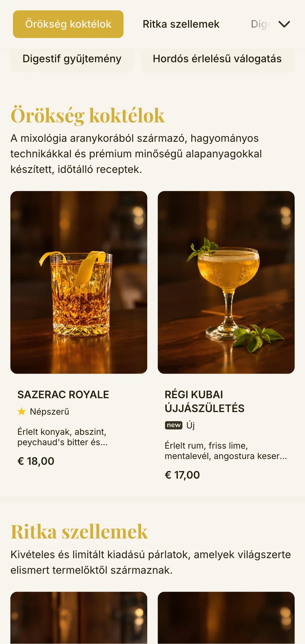 Klasszikus bármenü-design, amely a koktélok aranykorát idézi, krémszínű háttéren vintage tipográfiával és elegáns arany ékezetekkel.