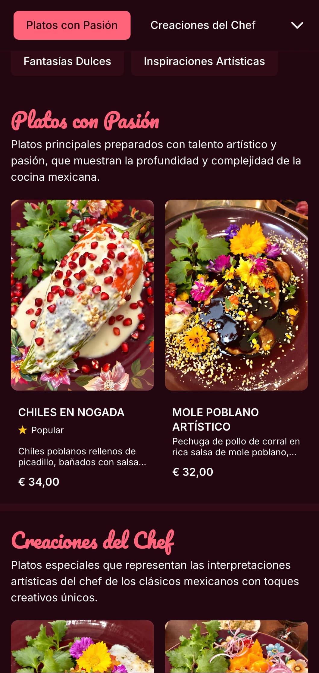 Menú artístico y vibrante inspirado en Frida Kahlo, con detalles en rosa brillante, coloridos platos mexicanos y presentaciones creativas.