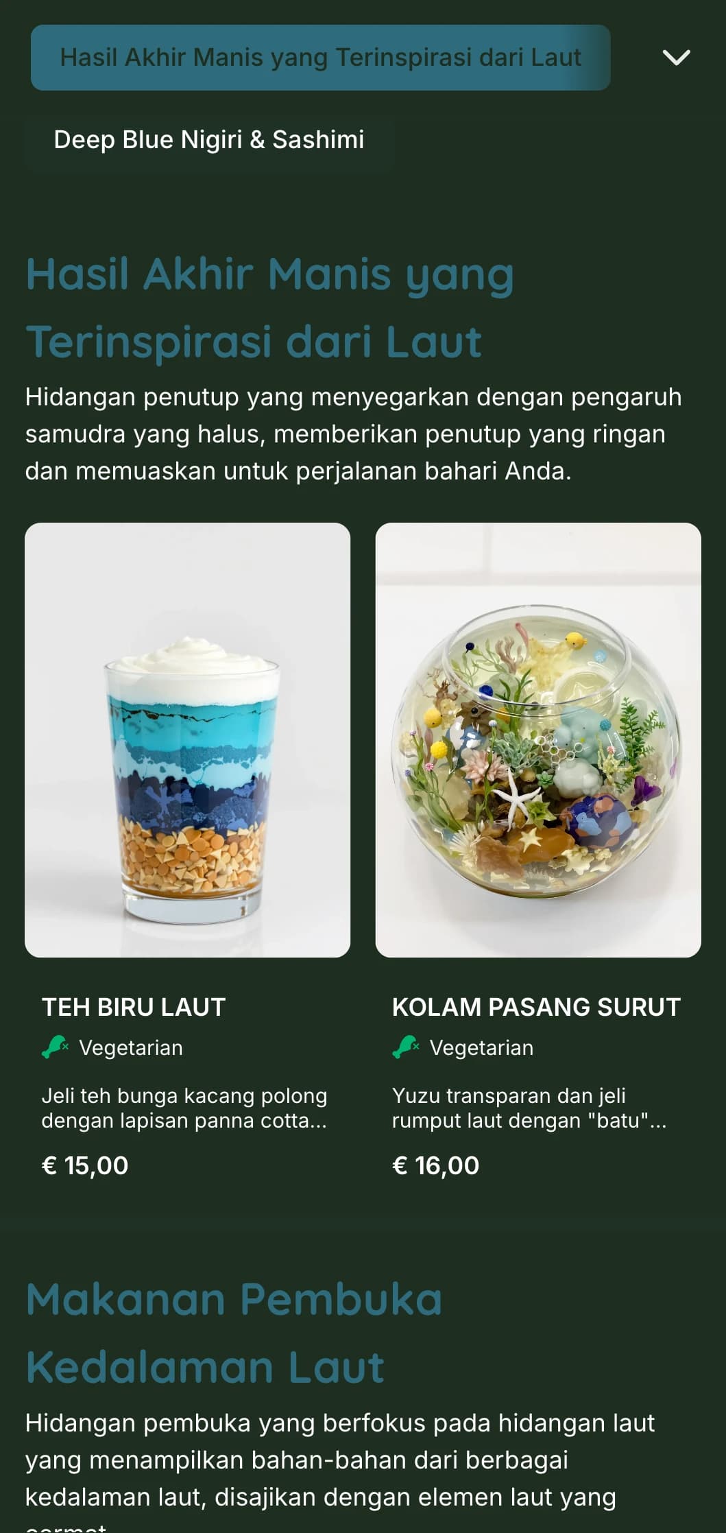 Menu sushi berwarna biru tua yang terinspirasi dari kedalaman laut, menampilkan elemen laut dan hidangan laut segar.