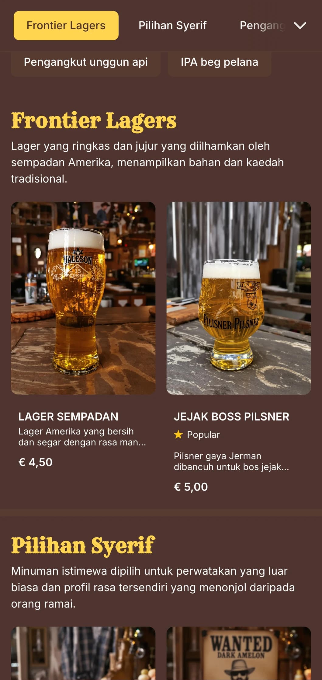 Reka bentuk berinspirasikan sempadan dengan tekstur lapuk dan tipografi barat, sesuai untuk bar gaya saloon dan pub minuman bertema.