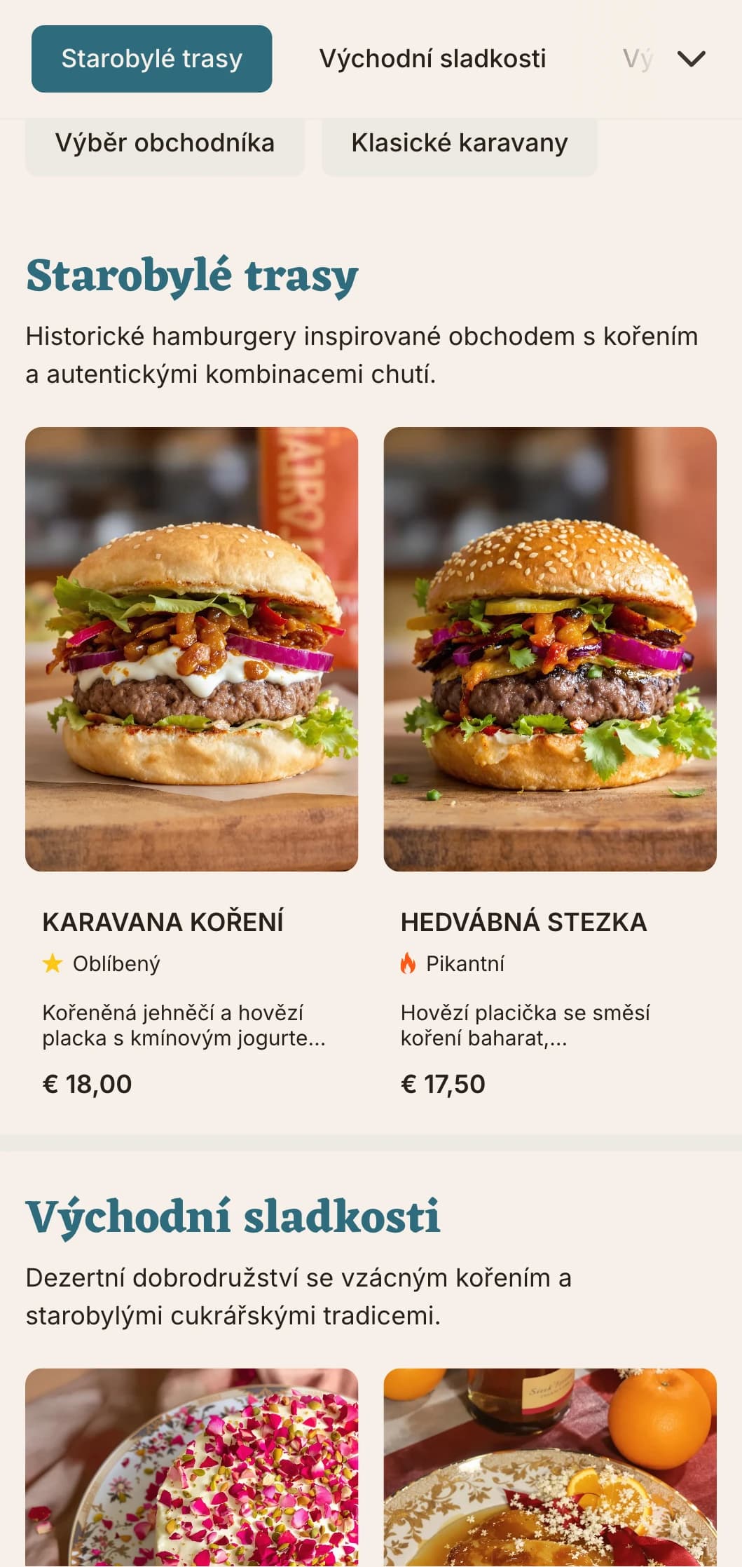 Nabídka burgerů inspirovaných starověkými obchodními cestami s historickými kombinacemi chutí.