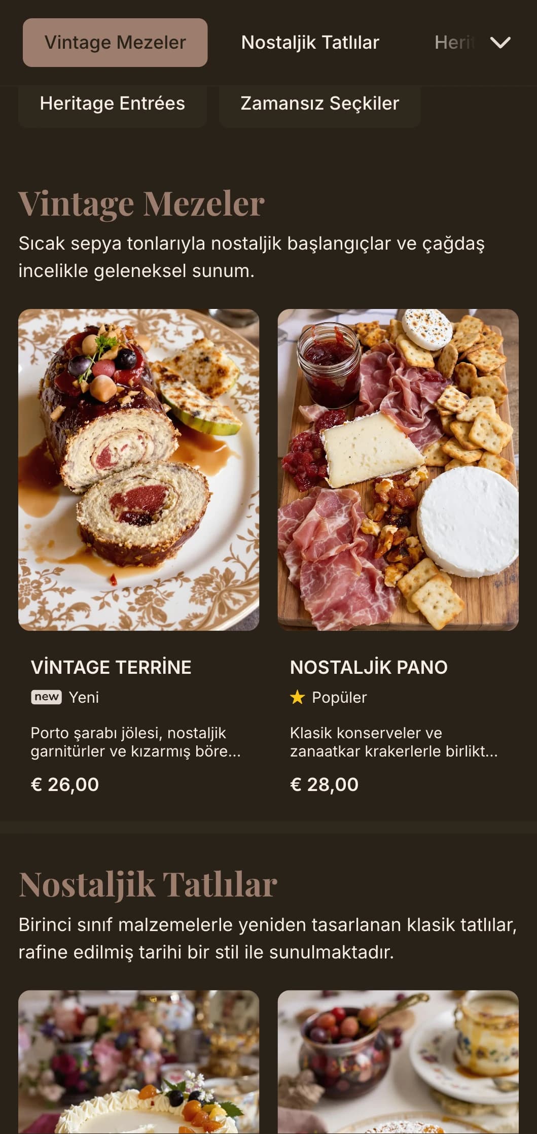 Zamansız bir yemek deneyimi için sıcak sepya tonları ve vintage lüks unsurlar içeren nostaljik konsept.