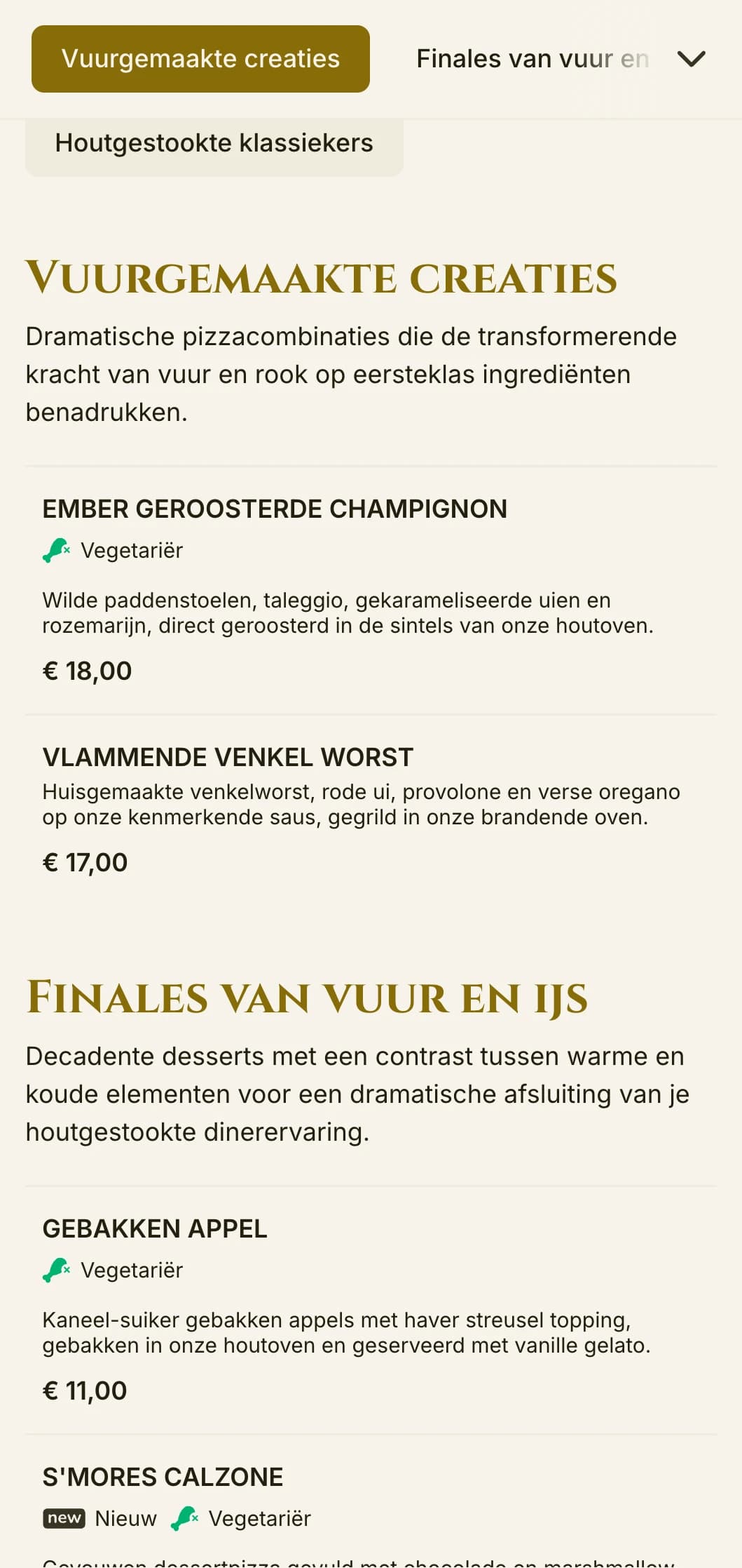 Dramatisch pizzamenu met rijke kleuren en gedurfde typografie voor houtgestookte specialisten.