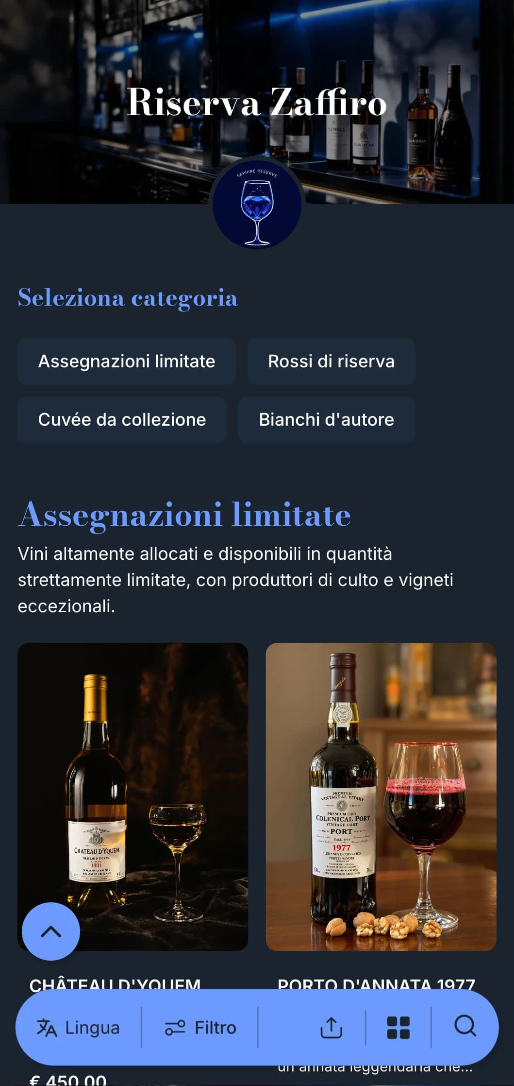 Modello di carta dei vini molto sofisticato, con accenti blu su sfondi blu, ideale per enoteche e locali di alto livello.
