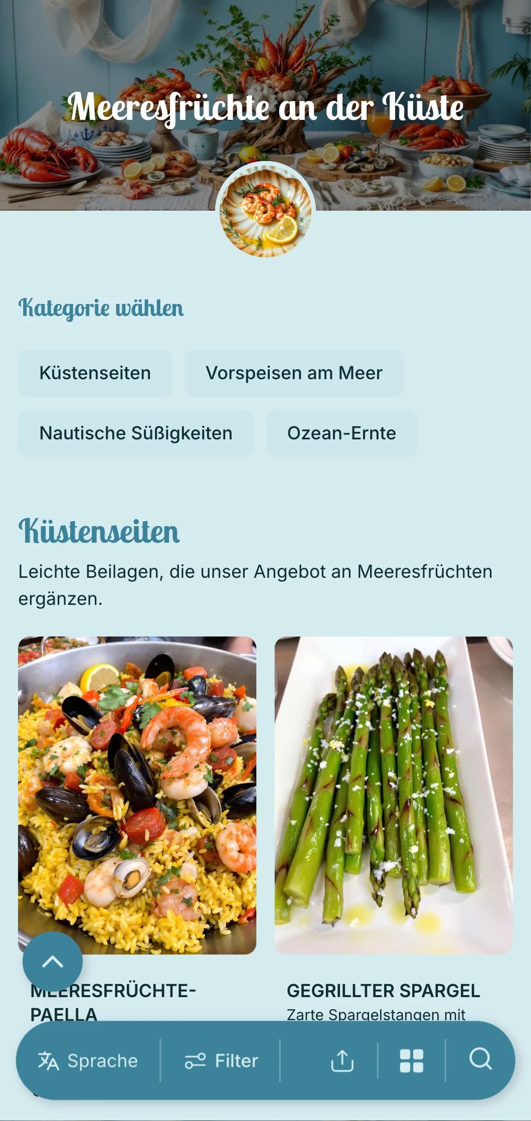 Frisches Catering mit Meeresfrüchten, maritimen Elementen und küstennaher Präsentation für Strandveranstaltungen und Liebhaber von Meeresfrüchten.