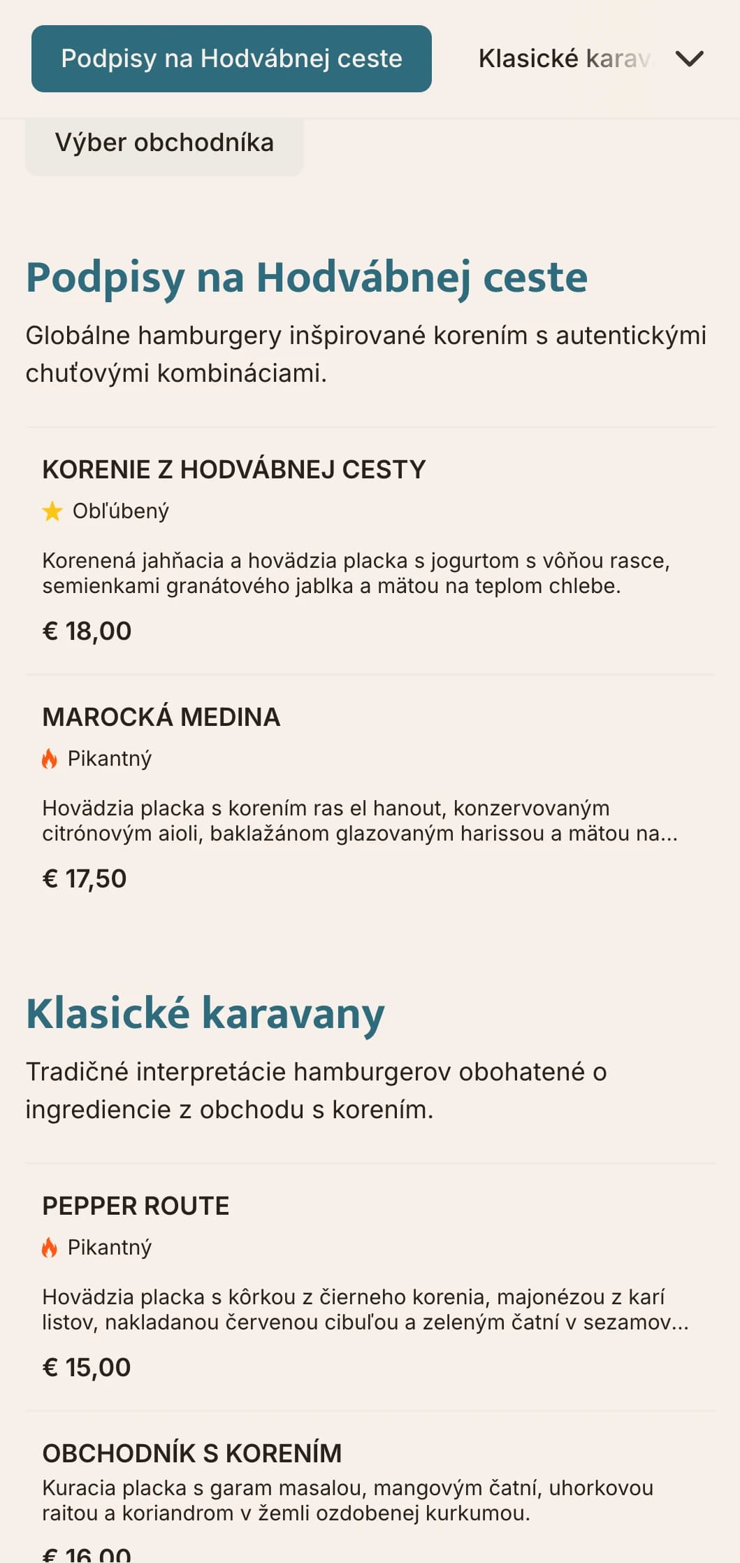Ponuka hamburgerov inšpirovaná obchodom s korením s globálnymi chuťovými profilmi a historickými odkazmi.